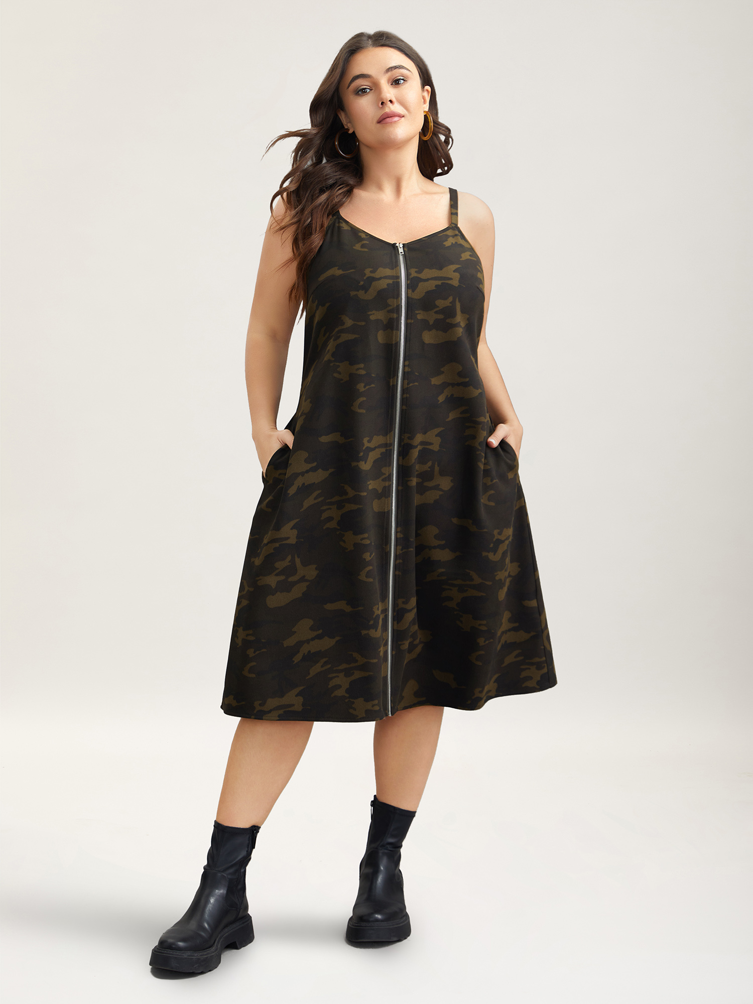 Plus Size Camouflage Print Zipper Front Adjustable Midi Dress ArmyGreen Women Casual Non Non Sleeveless Curvy BloomChic 14-16/1X 
