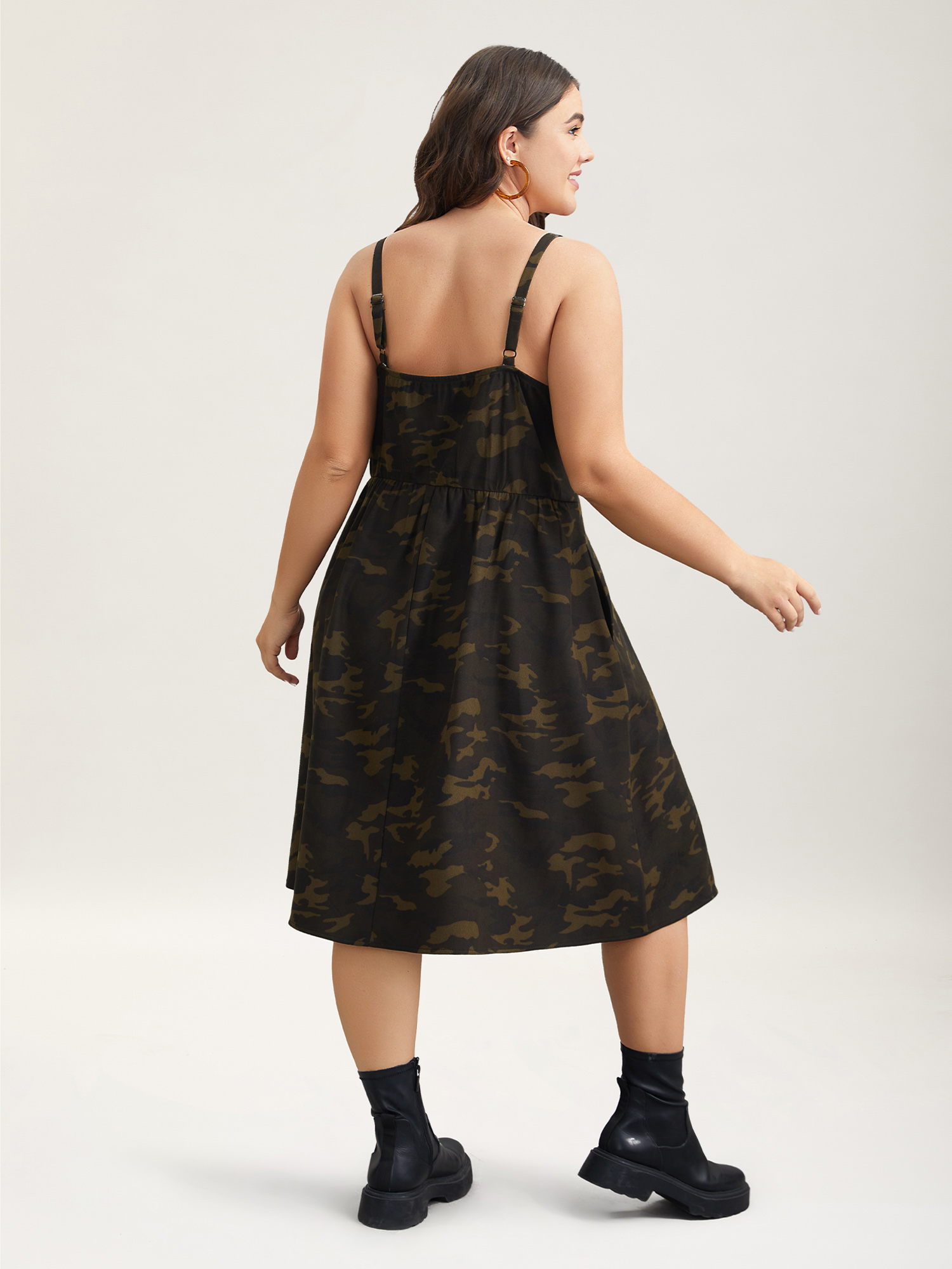 Plus Size Camouflage Print Zipper Front Adjustable Midi Dress ArmyGreen Women Casual Non Non Sleeveless Curvy BloomChic 14-16/1X 