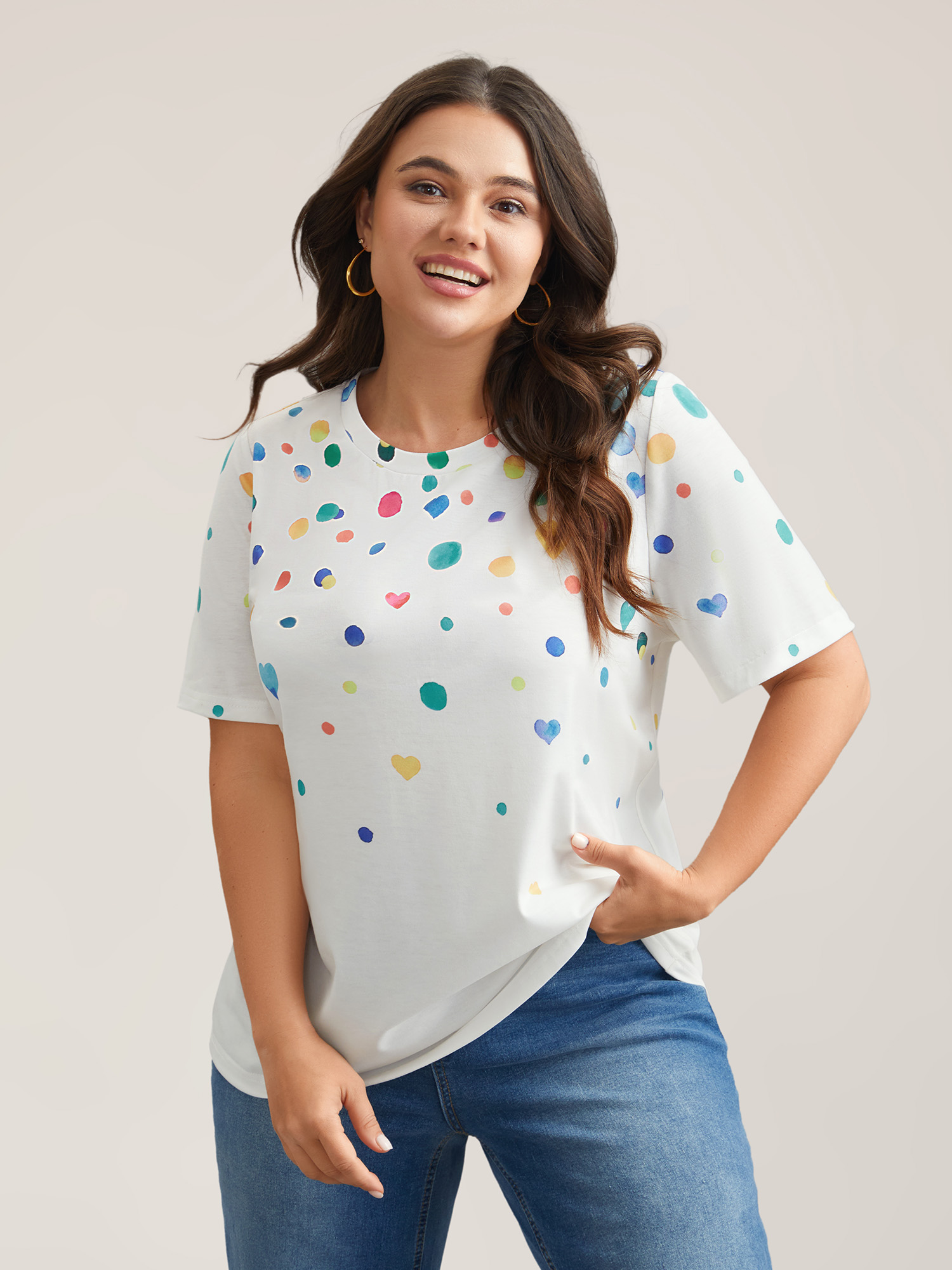 

Plus Size Geometric Print Crew Neck Fitted T-Shirt Multicolor Women Casual Non Round Neck Everyday T-shirts BloomChic