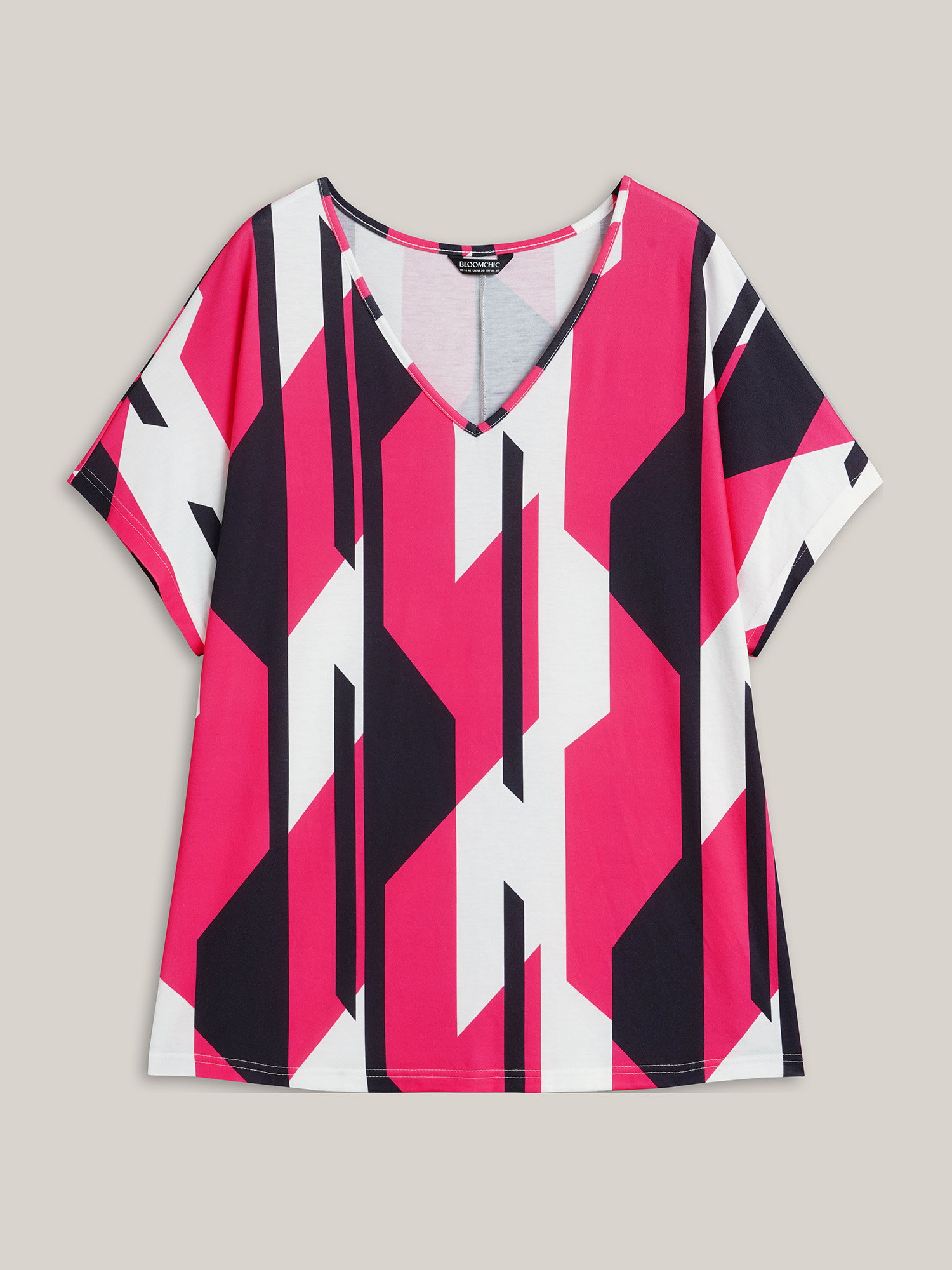 Plus Size Abstract Print V-Neck T-Shirt Multicolor Women Casual Contrast V-neck Everyday T-shirts BloomChic 26/4X 