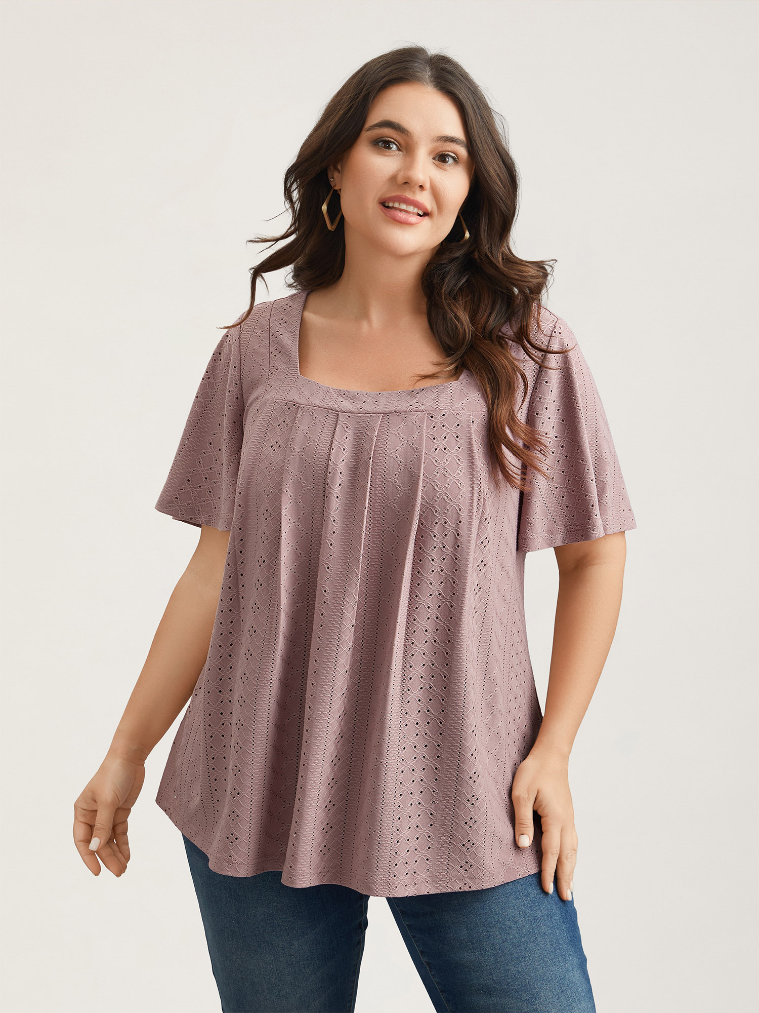 

Plus Size Textured Cut-Out Square Neck Shirt DustyPink Women Casual Texture Square Neck Everyday T-shirts BloomChic