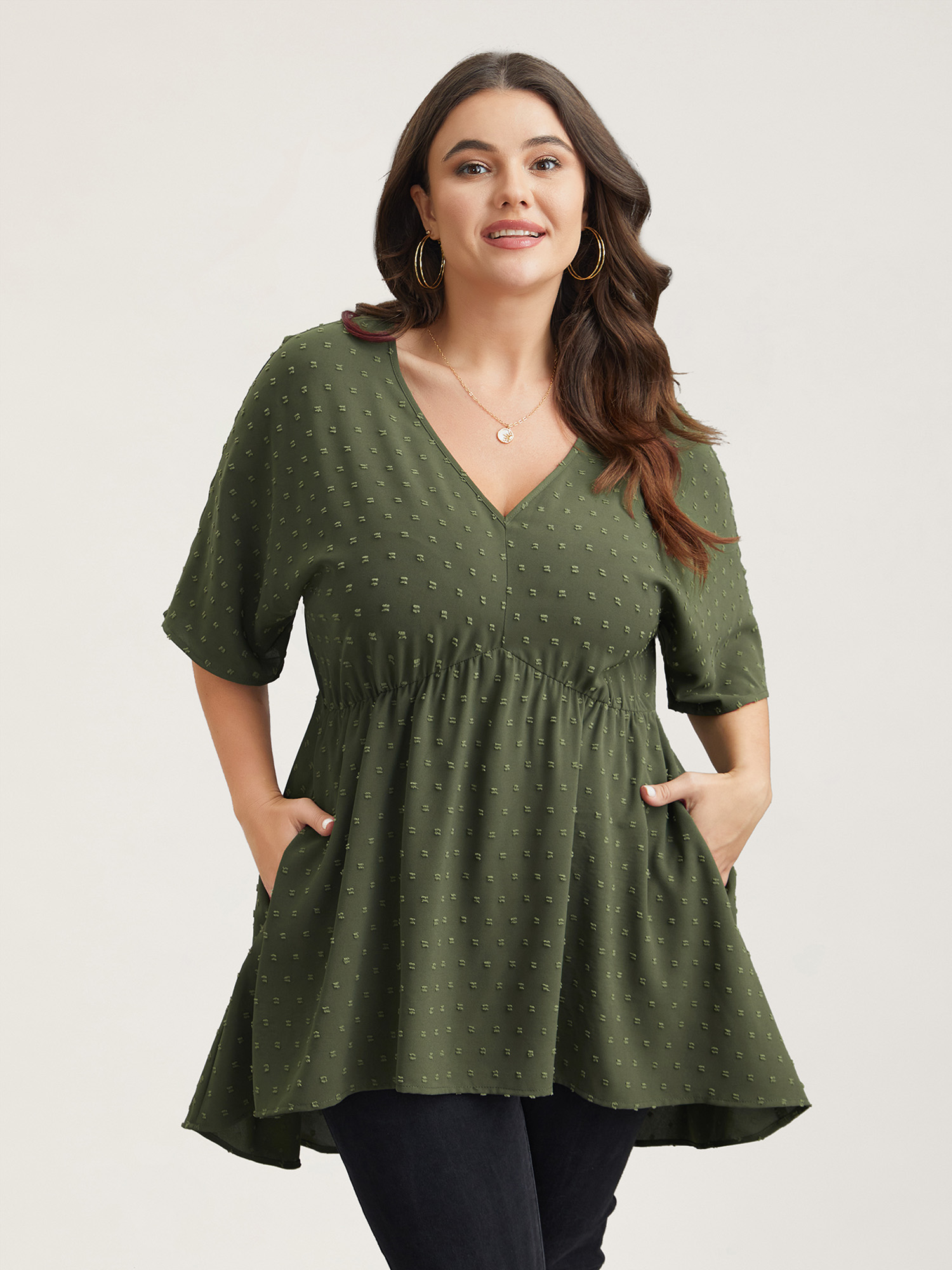 

Plus Size ArmyGreen Textured Hi-Low Hem Pockets Shirt Women Casual Half Sleeve V-neck Everyday Blouses BloomChic