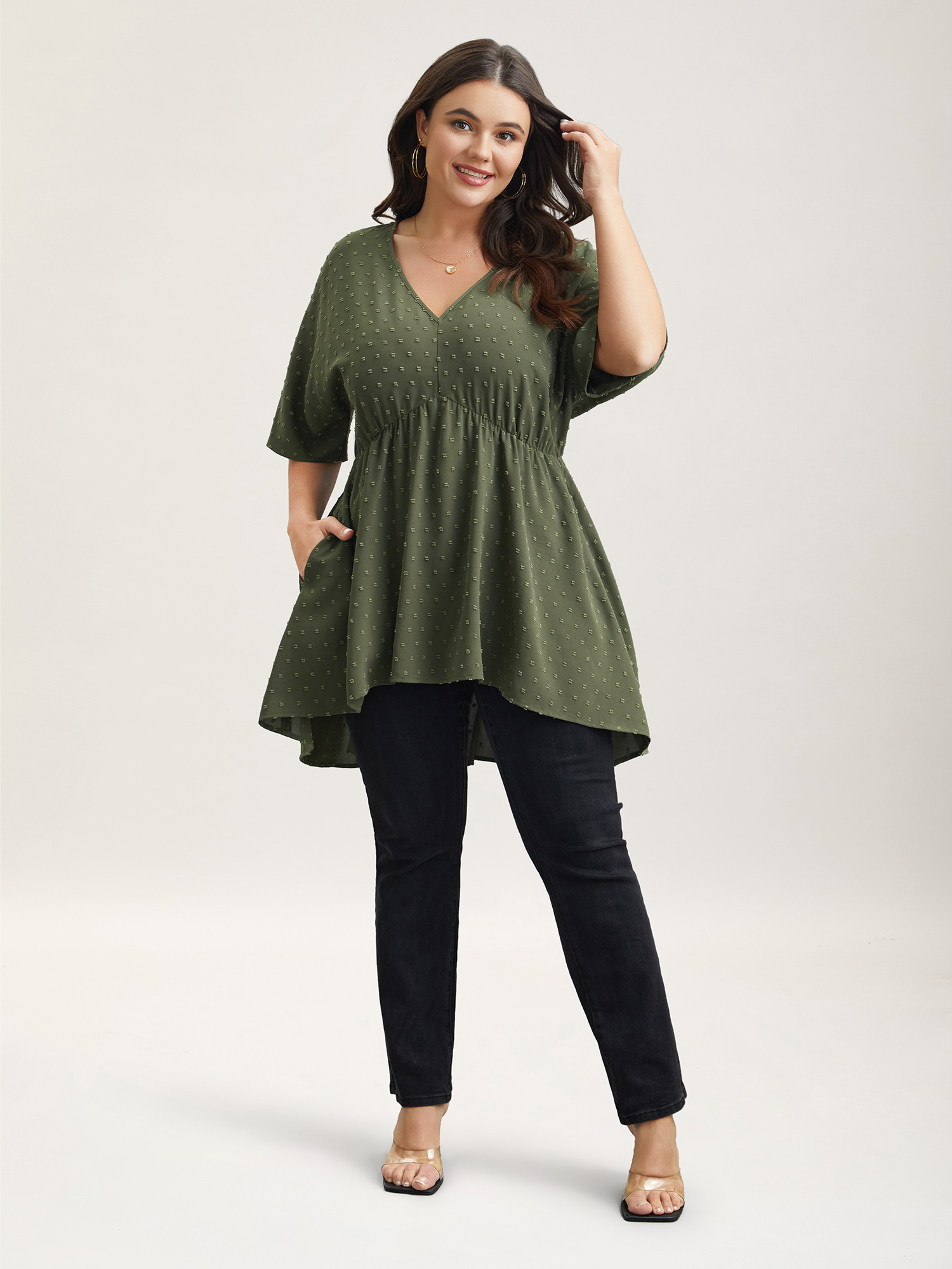 

Plus Size ArmyGreen Textured Hi-Low Hem Pockets Shirt Women Casual Half Sleeve V-neck Everyday Blouses BloomChic