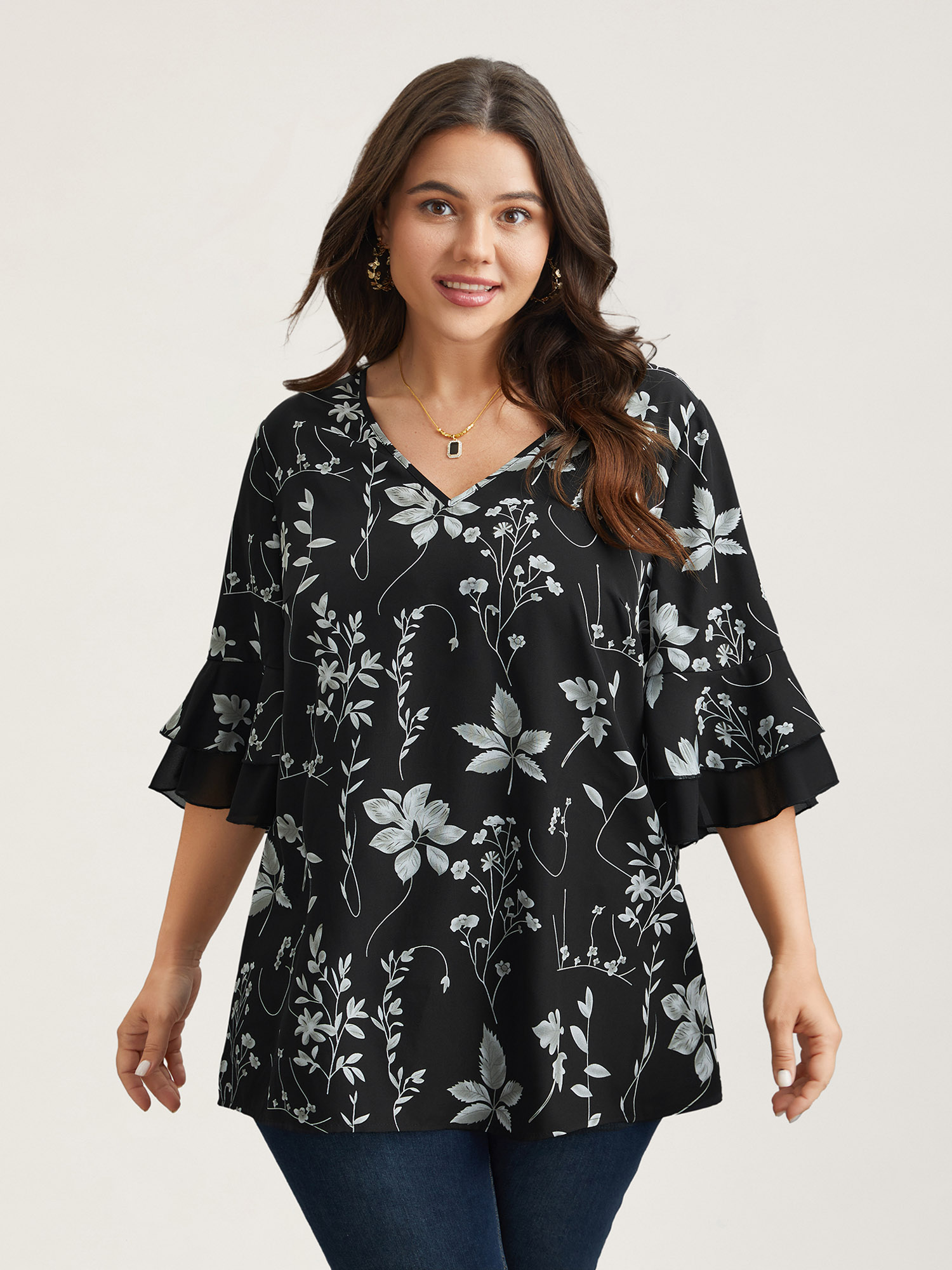 Plus Size Black Floral Print Ruffled V-Neck Shirt Women Elegant Half Sleeve V-neck Everyday Blouses BloomChic 14-16/1X 