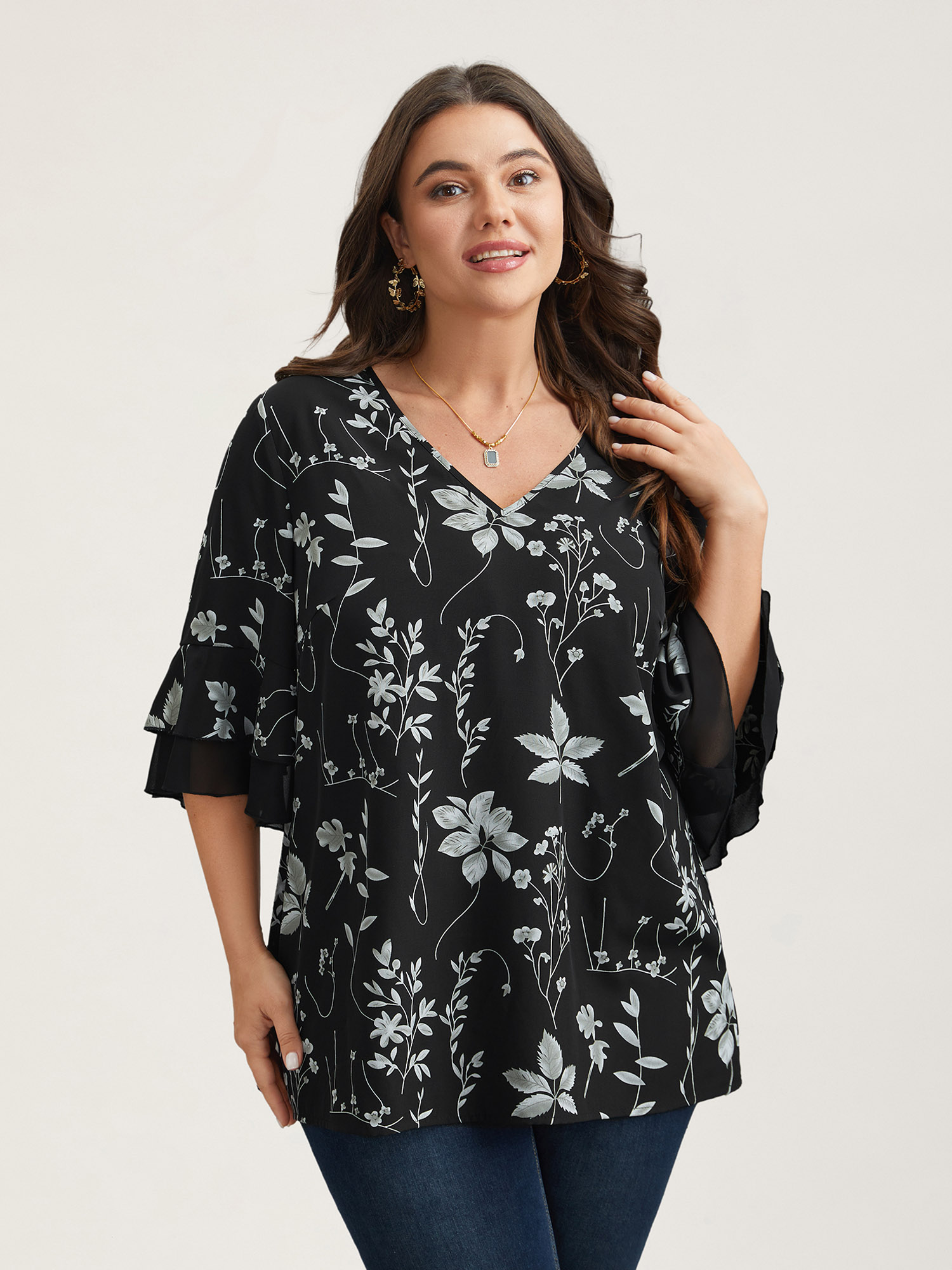 Plus Size Black Floral Print Ruffled V-Neck Shirt Women Elegant Half Sleeve V-neck Everyday Blouses BloomChic 14-16/1X 