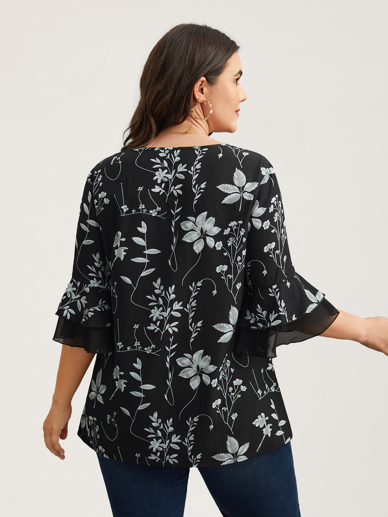 Plus Size Black Floral Print Ruffled V-Neck Shirt Women Elegant Half Sleeve V-neck Everyday Blouses BloomChic 14-16/1X 