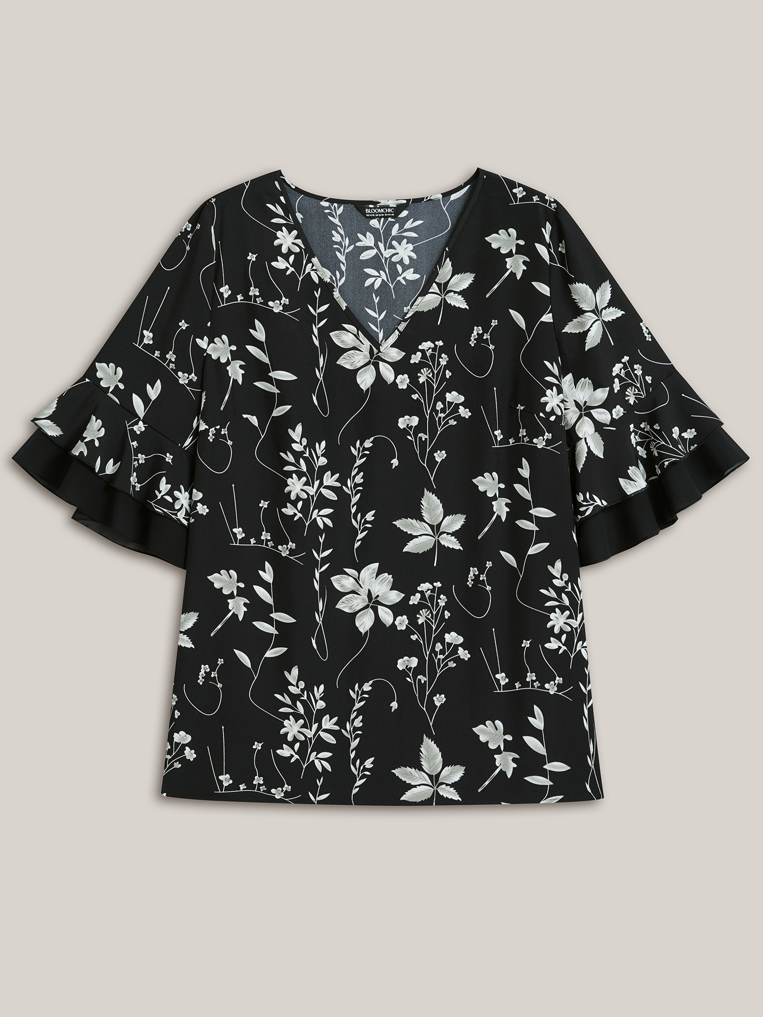 Plus Size Black Floral Print Ruffled V-Neck Shirt Women Elegant Half Sleeve V-neck Everyday Blouses BloomChic 14-16/1X 