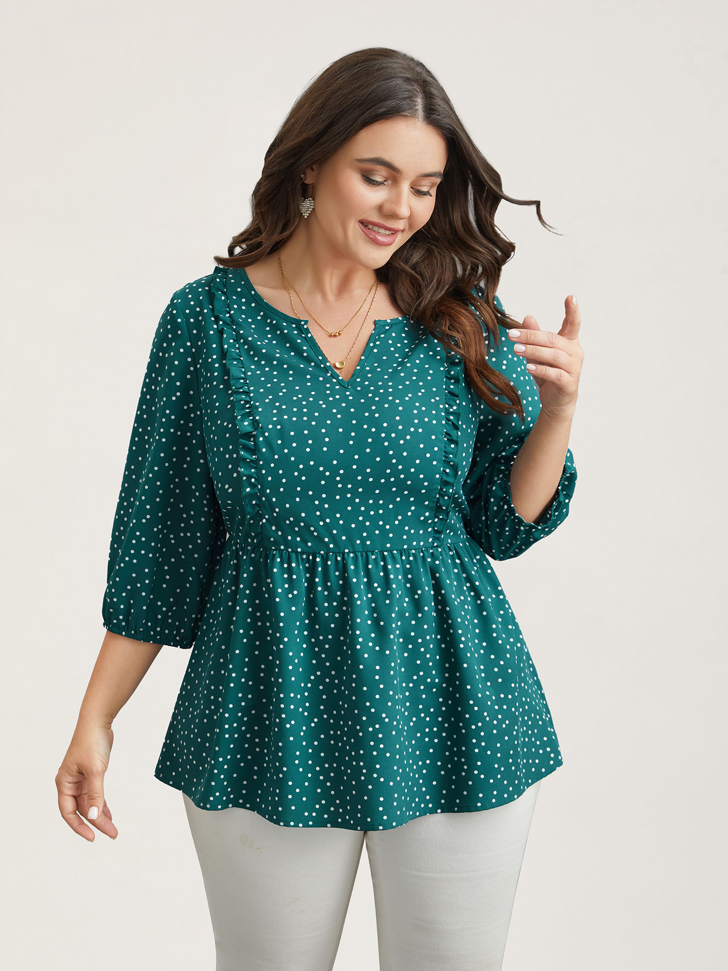 

Plus Size Teal Polka Dots Ruffled Edged Stretchy-Waist Shirt Women Elegant Elbow-length sleeve Notched collar Everyday Blouses BloomChic