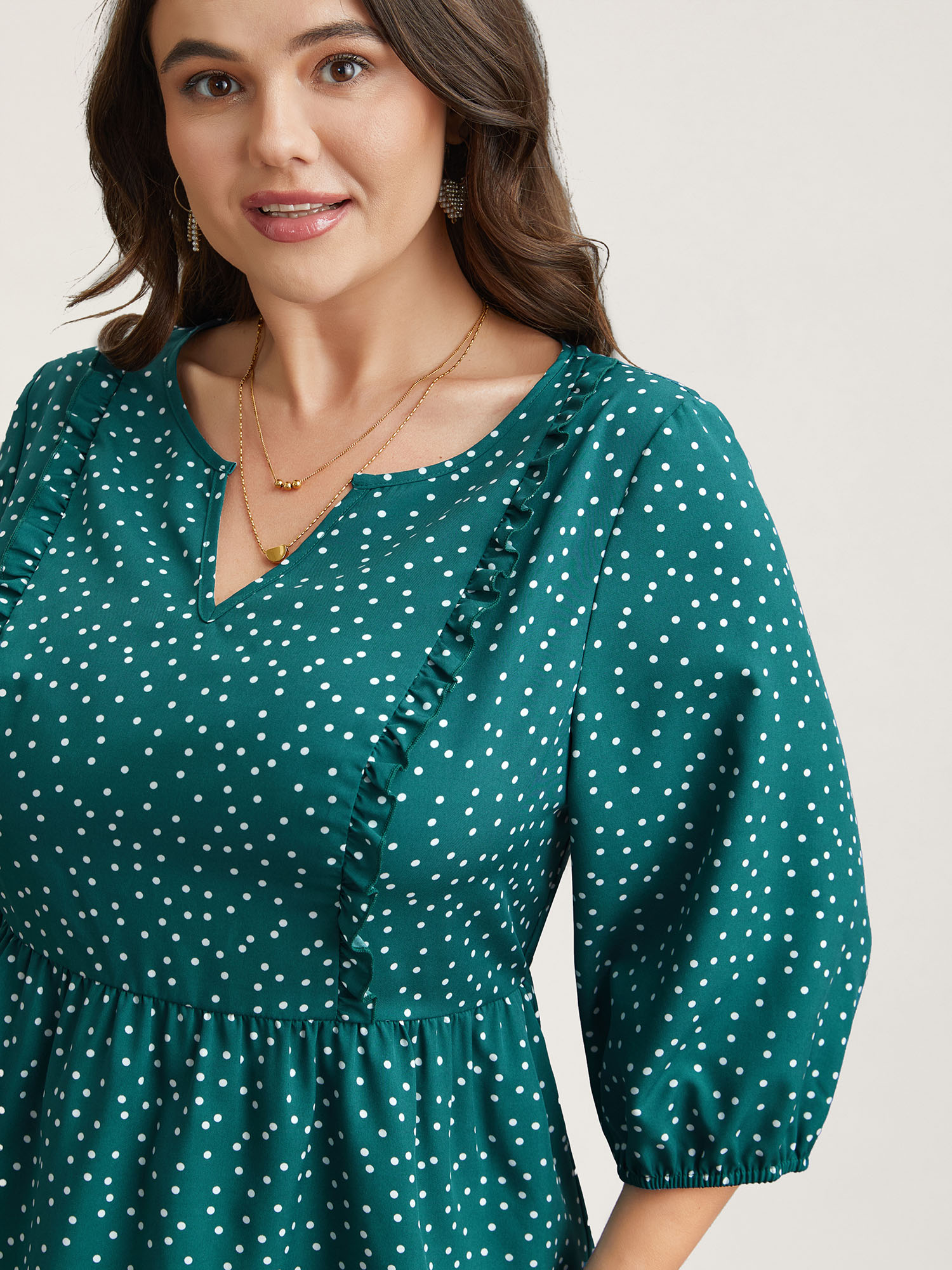 

Plus Size Teal Polka Dots Ruffled Edged Stretchy-Waist Shirt Women Elegant Elbow-length sleeve Notched collar Everyday Blouses BloomChic