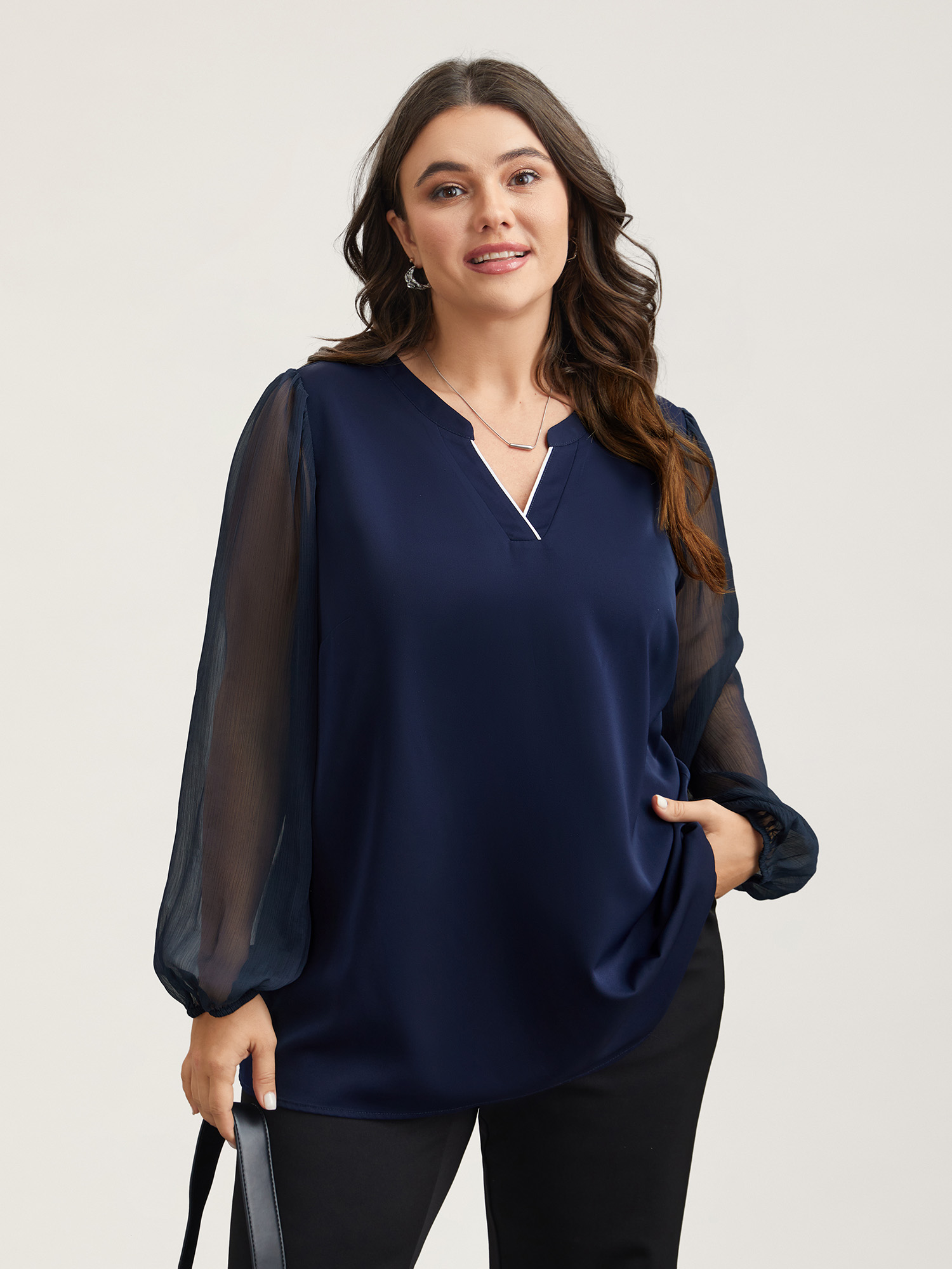 

Plus Size Indigo Mixed Fabric Sheer Puff Sleeve Shirt Women At the Office Extra Long Sleeve V-neck Work Blouses BloomChic