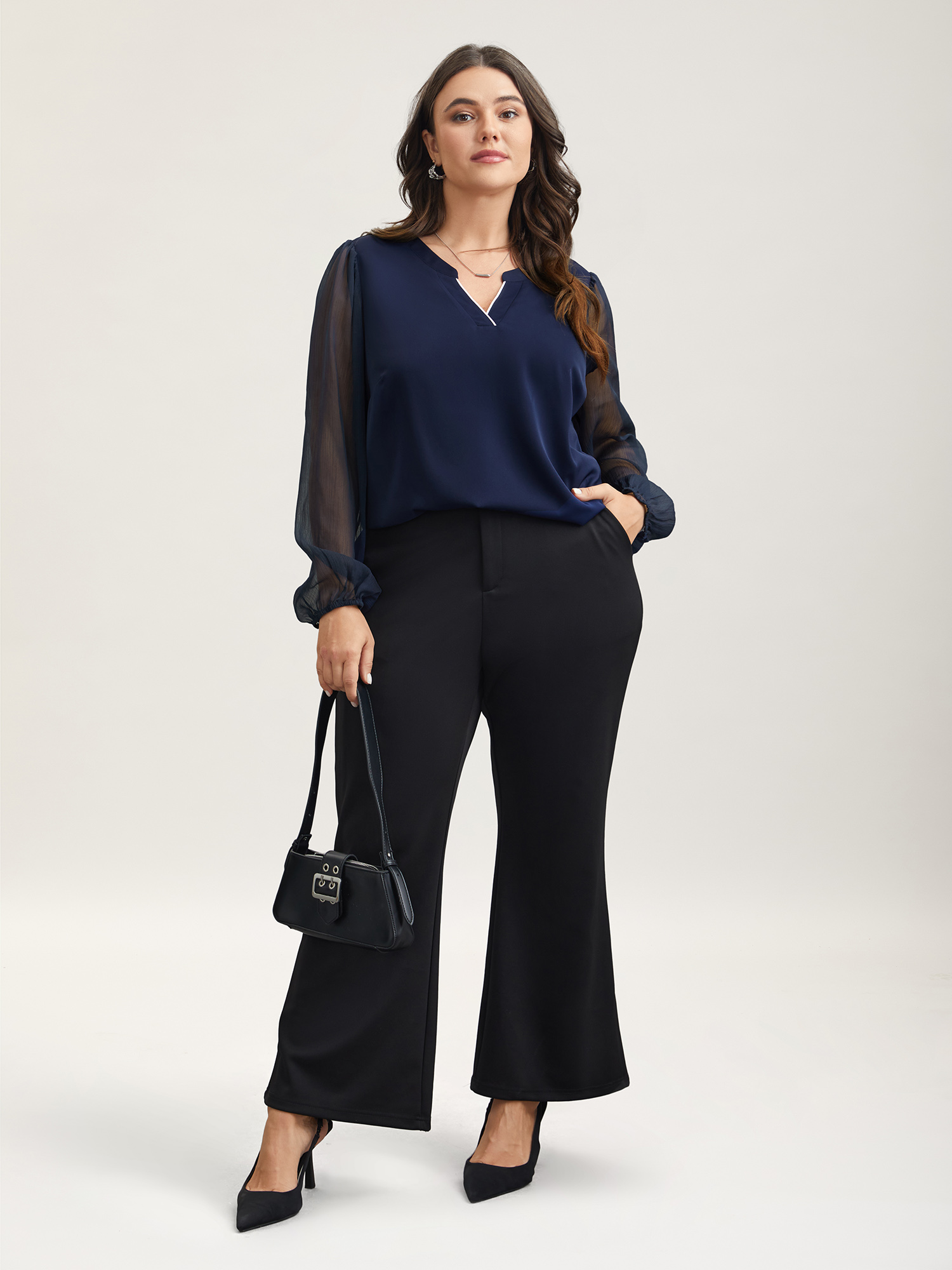 Plus Size Indigo Mixed Fabric Sheer Puff Sleeve Shirt Women At the Office Extra Long Sleeve V-neck Work Blouses BloomChic 10/M 