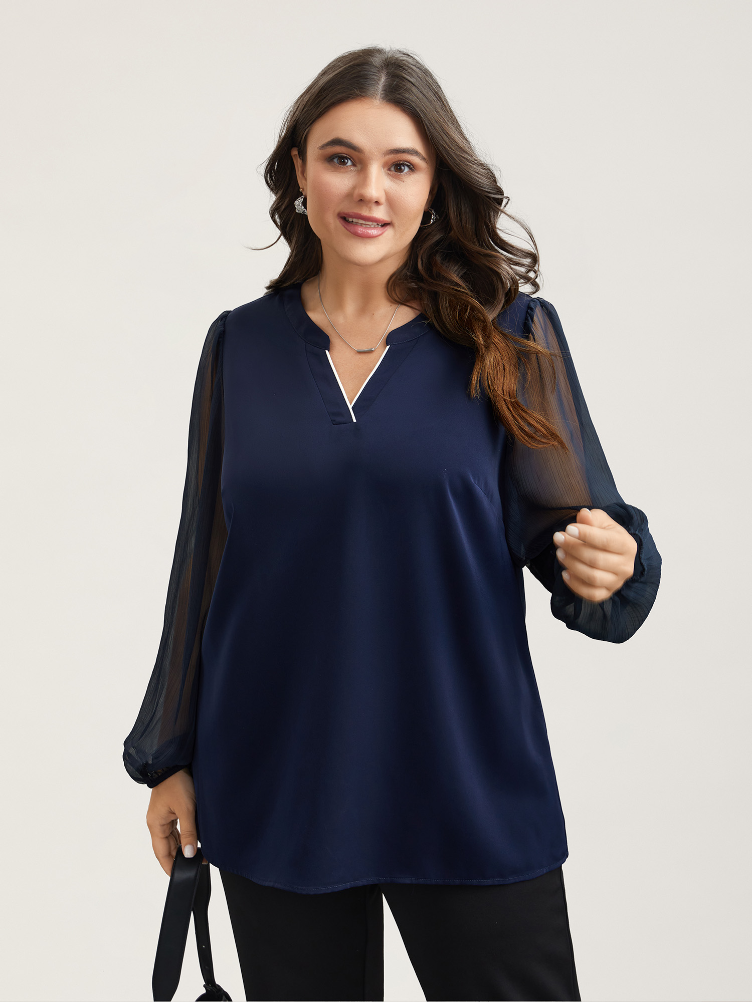 Plus Size Indigo Mixed Fabric Sheer Puff Sleeve Shirt Women At the Office Extra Long Sleeve V-neck Work Blouses BloomChic 10/M 