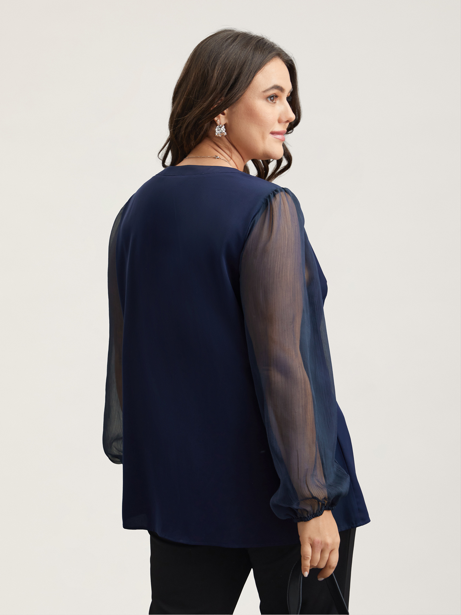 Plus Size Indigo Mixed Fabric Sheer Puff Sleeve Shirt Women At the Office Extra Long Sleeve V-neck Work Blouses BloomChic 10/M 