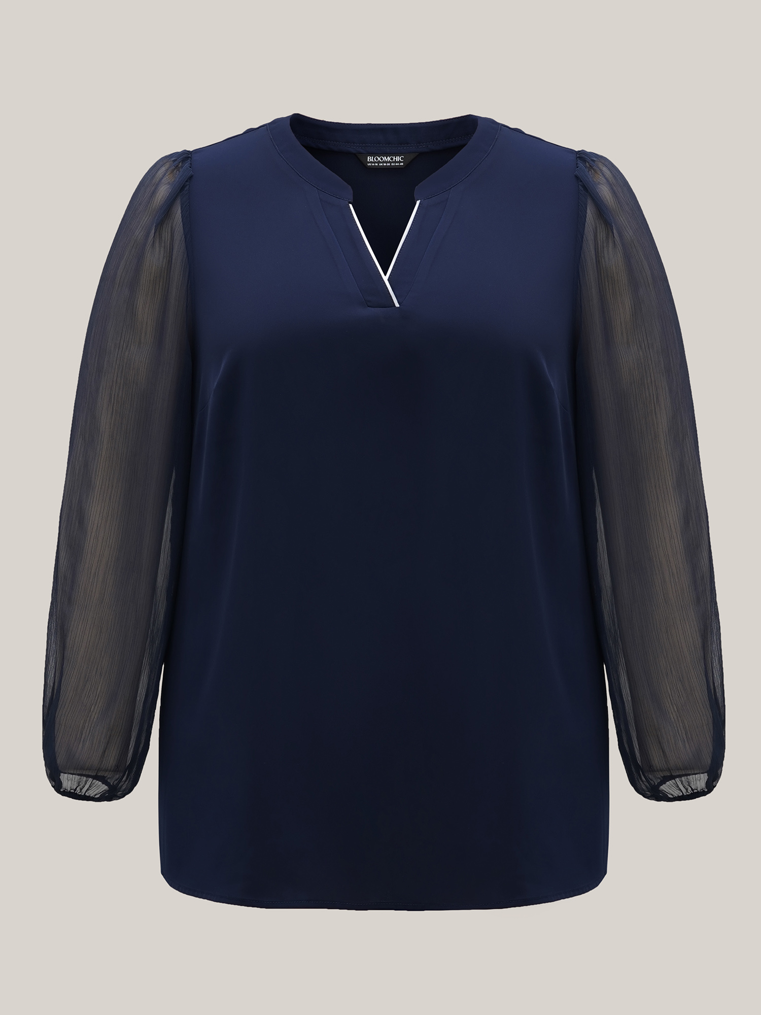Plus Size Indigo Mixed Fabric Sheer Puff Sleeve Shirt Women At the Office Extra Long Sleeve V-neck Work Blouses BloomChic 10/M 