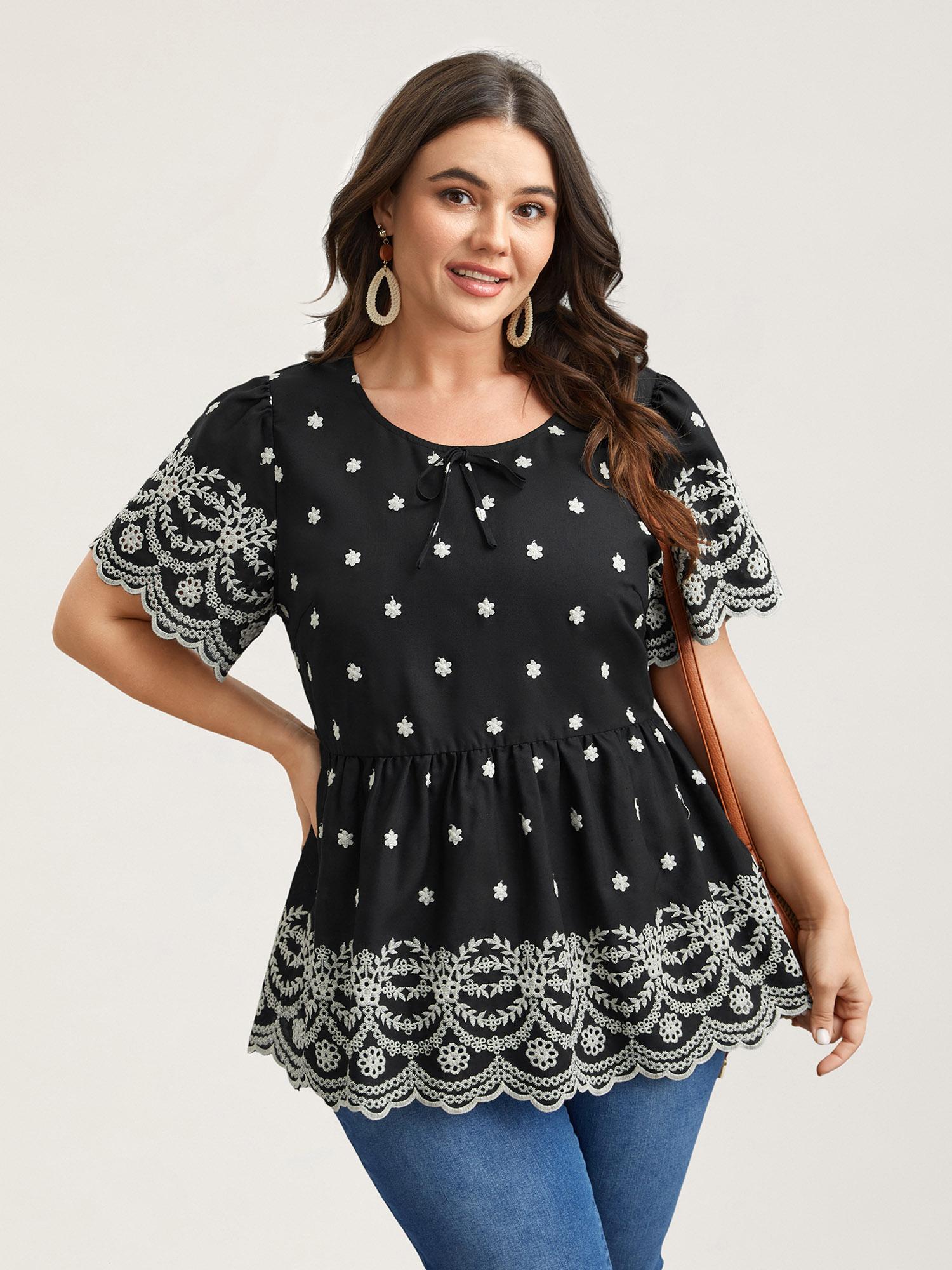 

Plus Size Black Cotton Embroidered Lined Neck-Tie Shirt Women Resort Short sleeve Round Neck Vacation Blouses BloomChic