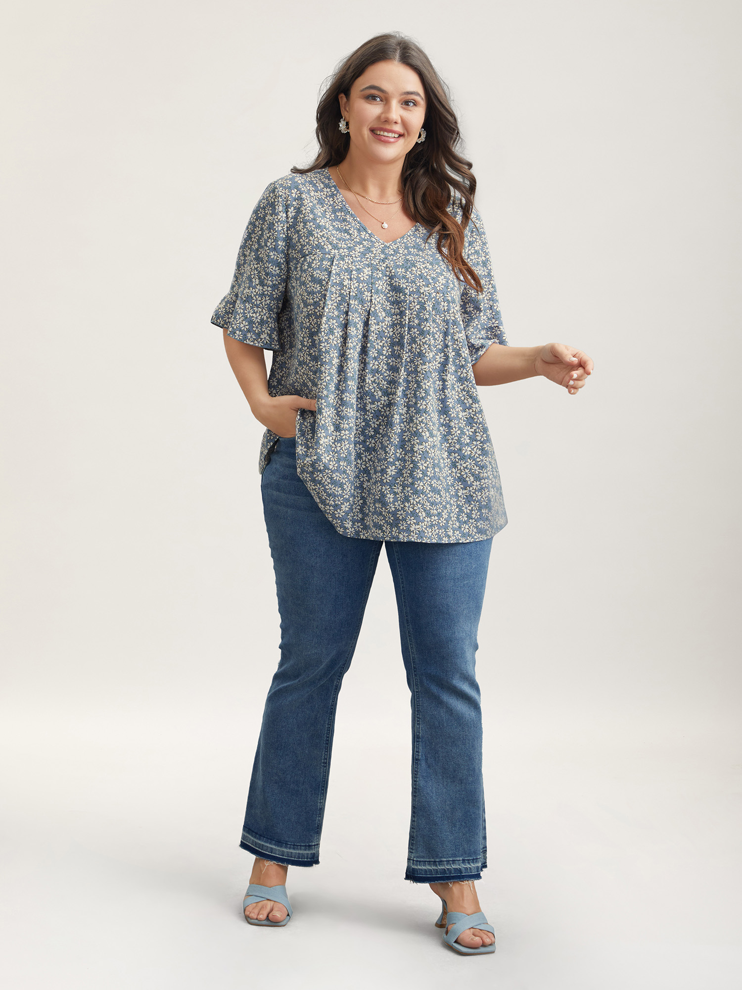 Plus Size LightBlue Ditsy Floral Pleated Flared Sleeve Shirt Women Elegant Half Sleeve V-neck Everyday Blouses BloomChic 10/M 