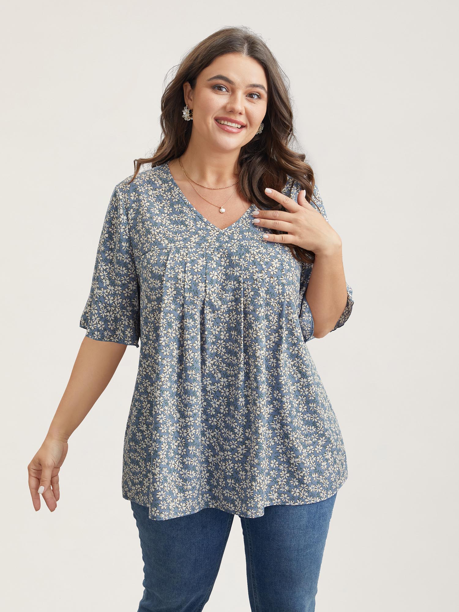 Plus Size LightBlue Ditsy Floral Pleated Flared Sleeve Shirt Women Elegant Half Sleeve V-neck Everyday Blouses BloomChic 10/M 
