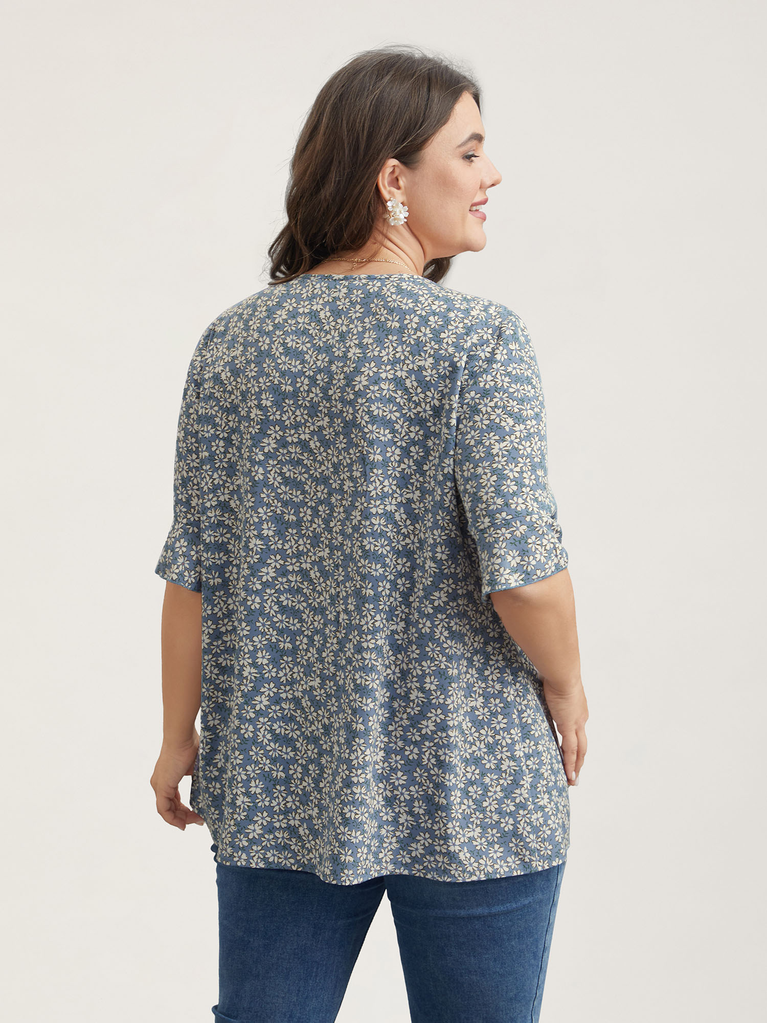 Plus Size LightBlue Ditsy Floral Pleated Flared Sleeve Shirt Women Elegant Half Sleeve V-neck Everyday Blouses BloomChic 10/M 