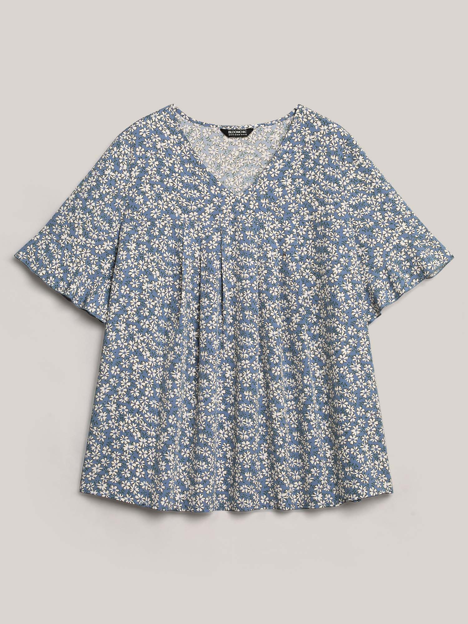 Plus Size LightBlue Ditsy Floral Pleated Flared Sleeve Shirt Women Elegant Half Sleeve V-neck Everyday Blouses BloomChic 10/M 