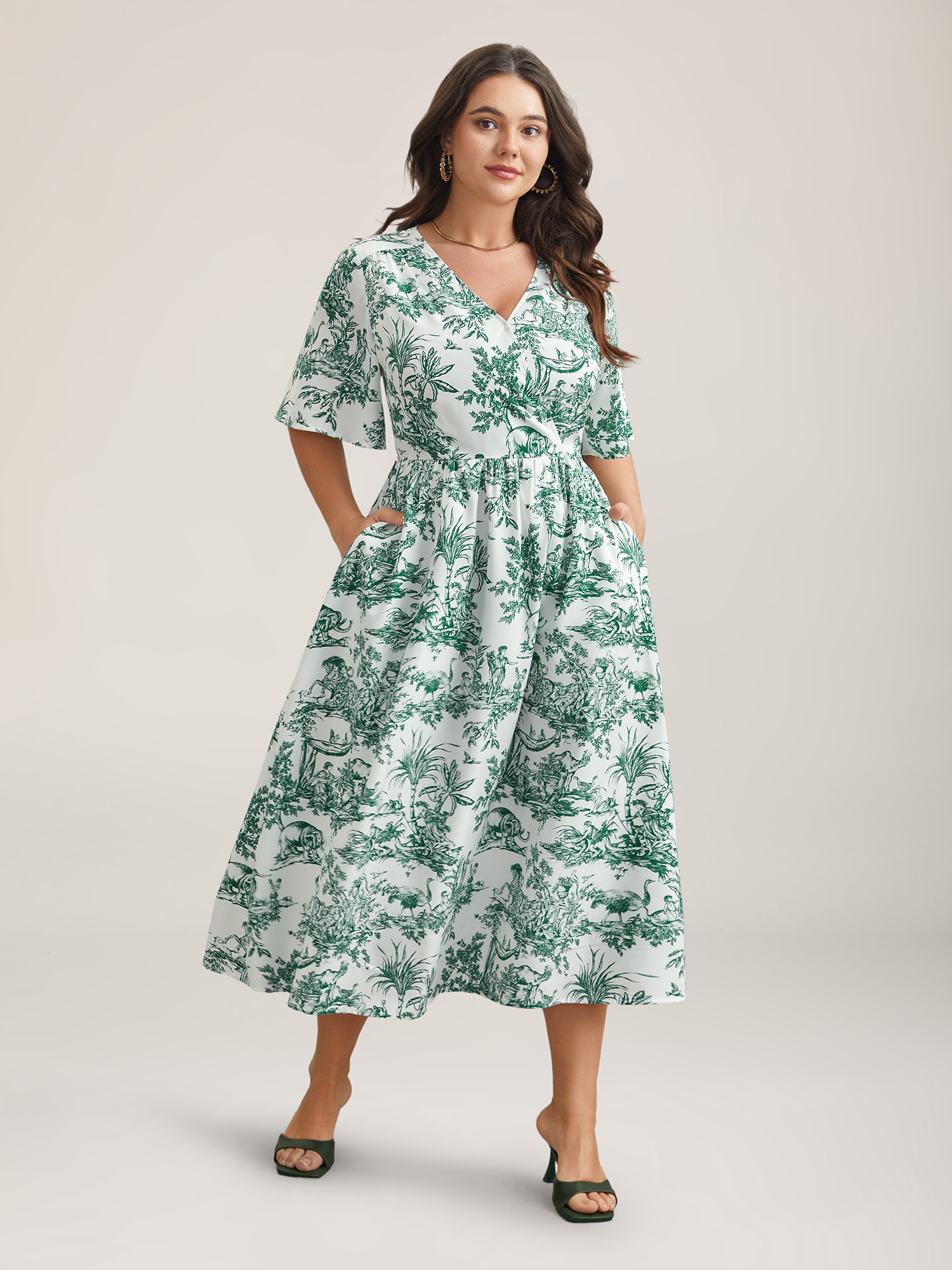 

Plus Size Forest Print Waist-Cinched Surplice Neck Dress Emerald Women Elegant Non Overlap Collar Half Sleeve Curvy BloomChic