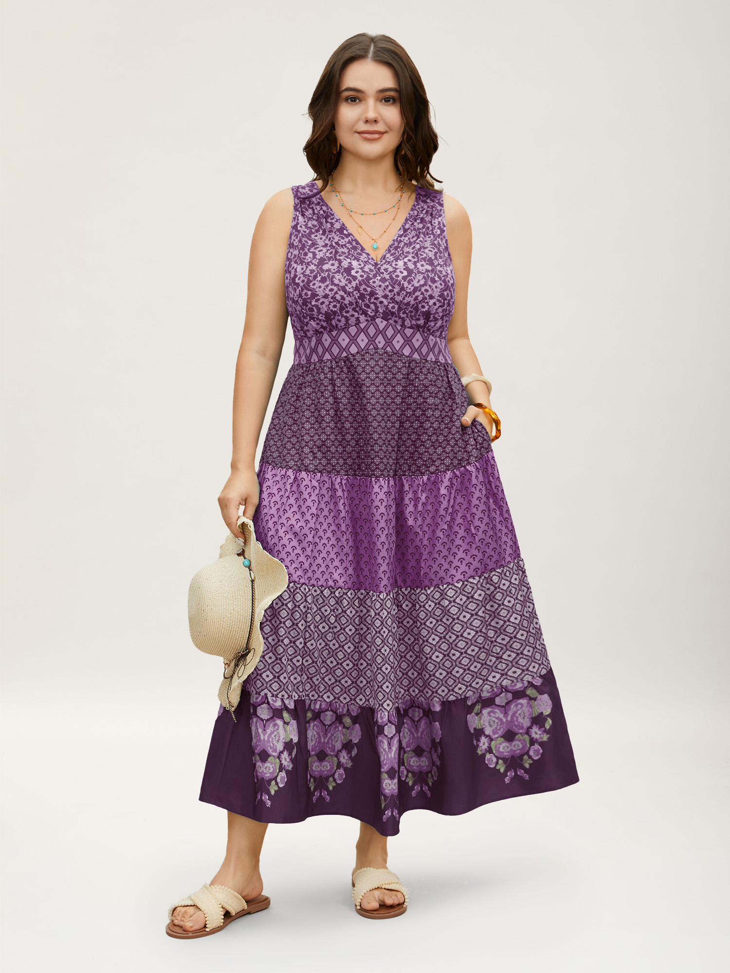 Plus Size Bandana Patchwork Floral Sleeveless Dress Mauve Women Pleated V-neck Sleeveless Curvy BloomChic 28/5X 