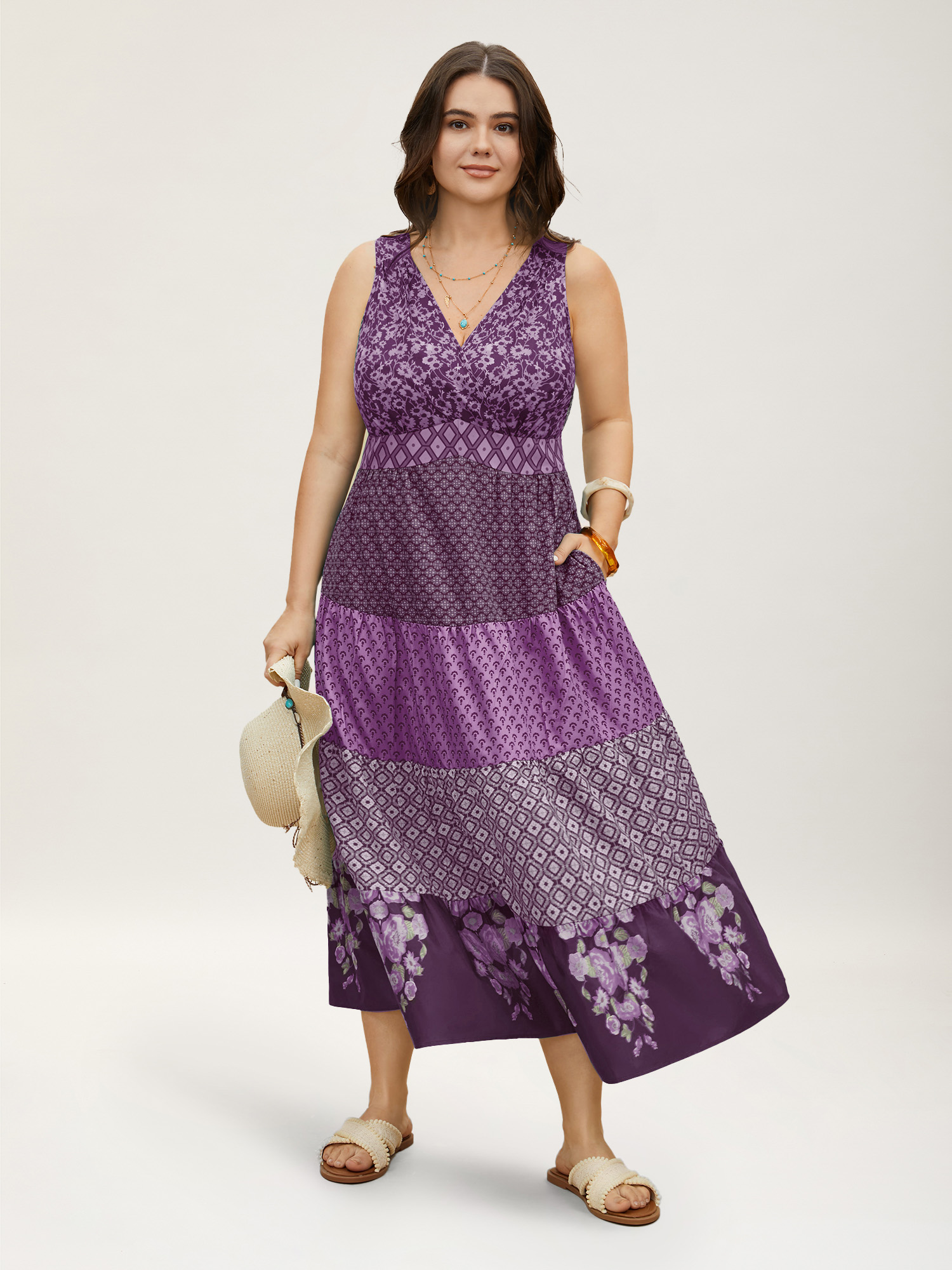Plus Size Bandana Patchwork Floral Sleeveless Dress Mauve Women Pleated V-neck Sleeveless Curvy BloomChic 28/5X 