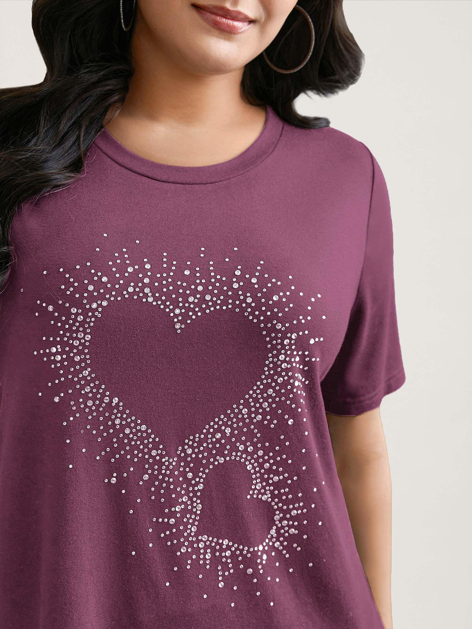 

Plus Size Crew Neck Rhinestone Heart T-Shirt Deeppurplered Women Casual Rhinestone detailing Round Neck Everyday T-shirts BloomChic