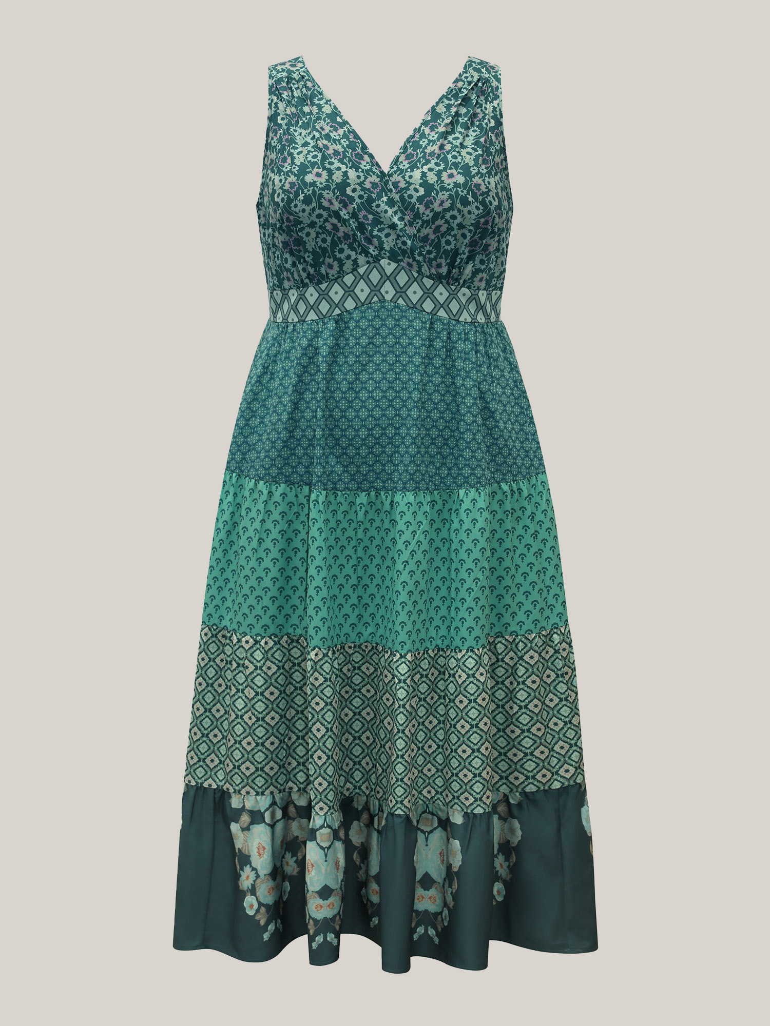 Plus Size Bandana Patchwork Floral Sleeveless Dress Emerald Women Pleated V-neck Sleeveless Curvy BloomChic 22-24/3X 