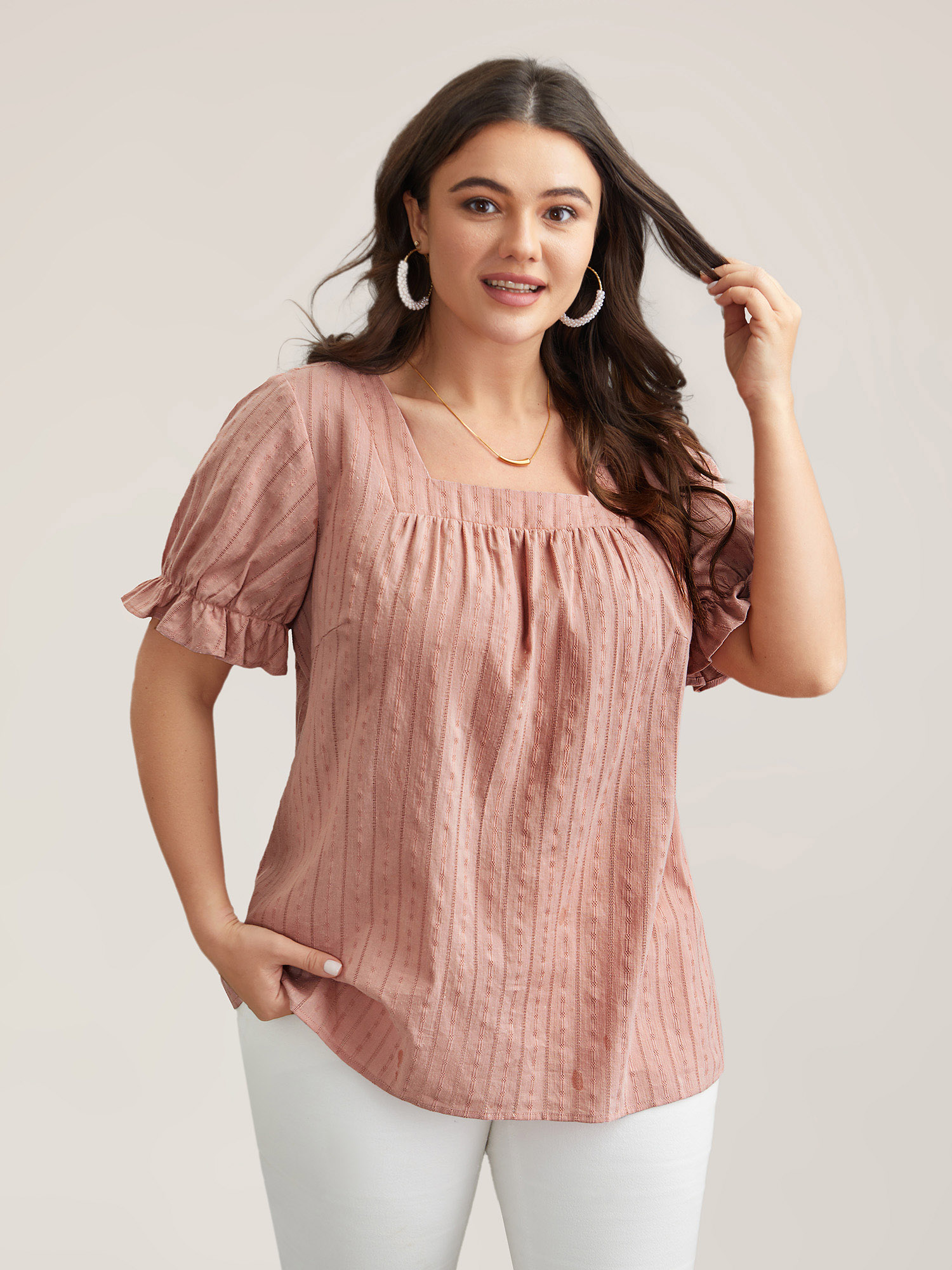 

Plus Size Dirtypink Cotton Square Neck Ruffled Sleeve Shirt Women Elegant Short sleeve Square Neck Everyday Blouses BloomChic