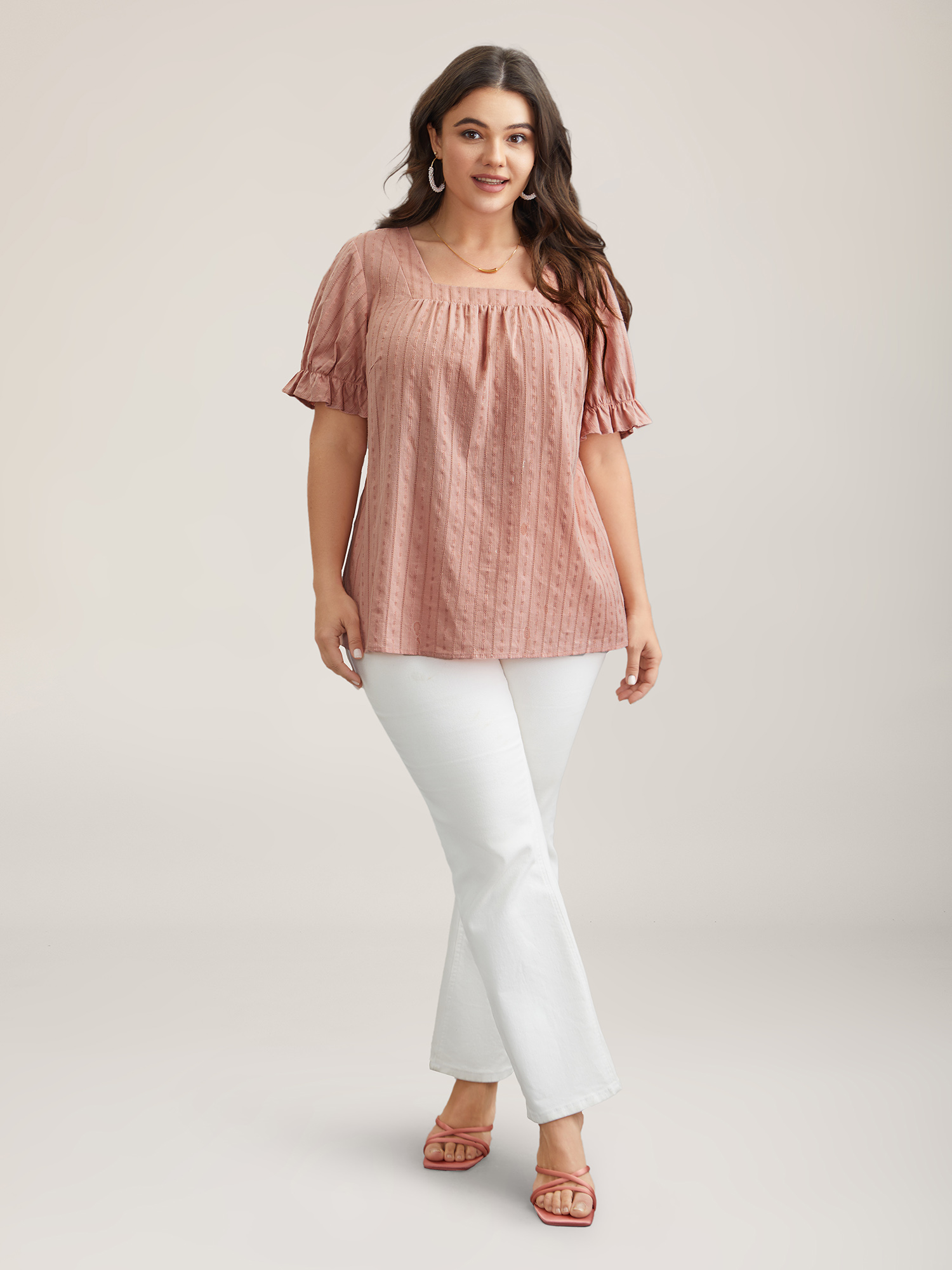 Plus Size Dirtypink Cotton Square Neck Ruffled Sleeve Shirt Women Elegant Short sleeve Square Neck Everyday Blouses BloomChic 30/6X 