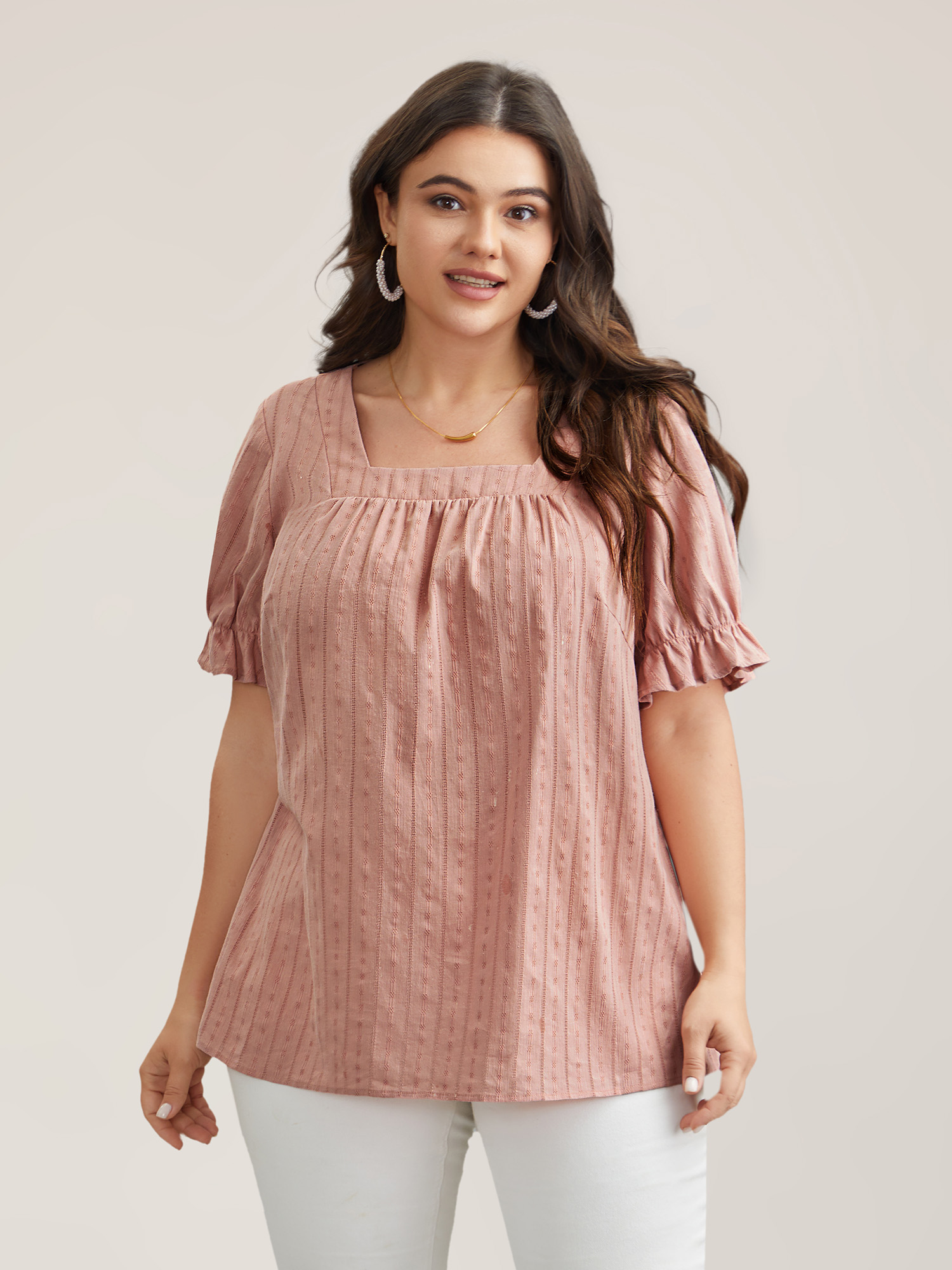 Plus Size Dirtypink Cotton Square Neck Ruffled Sleeve Shirt Women Elegant Short sleeve Square Neck Everyday Blouses BloomChic 30/6X 