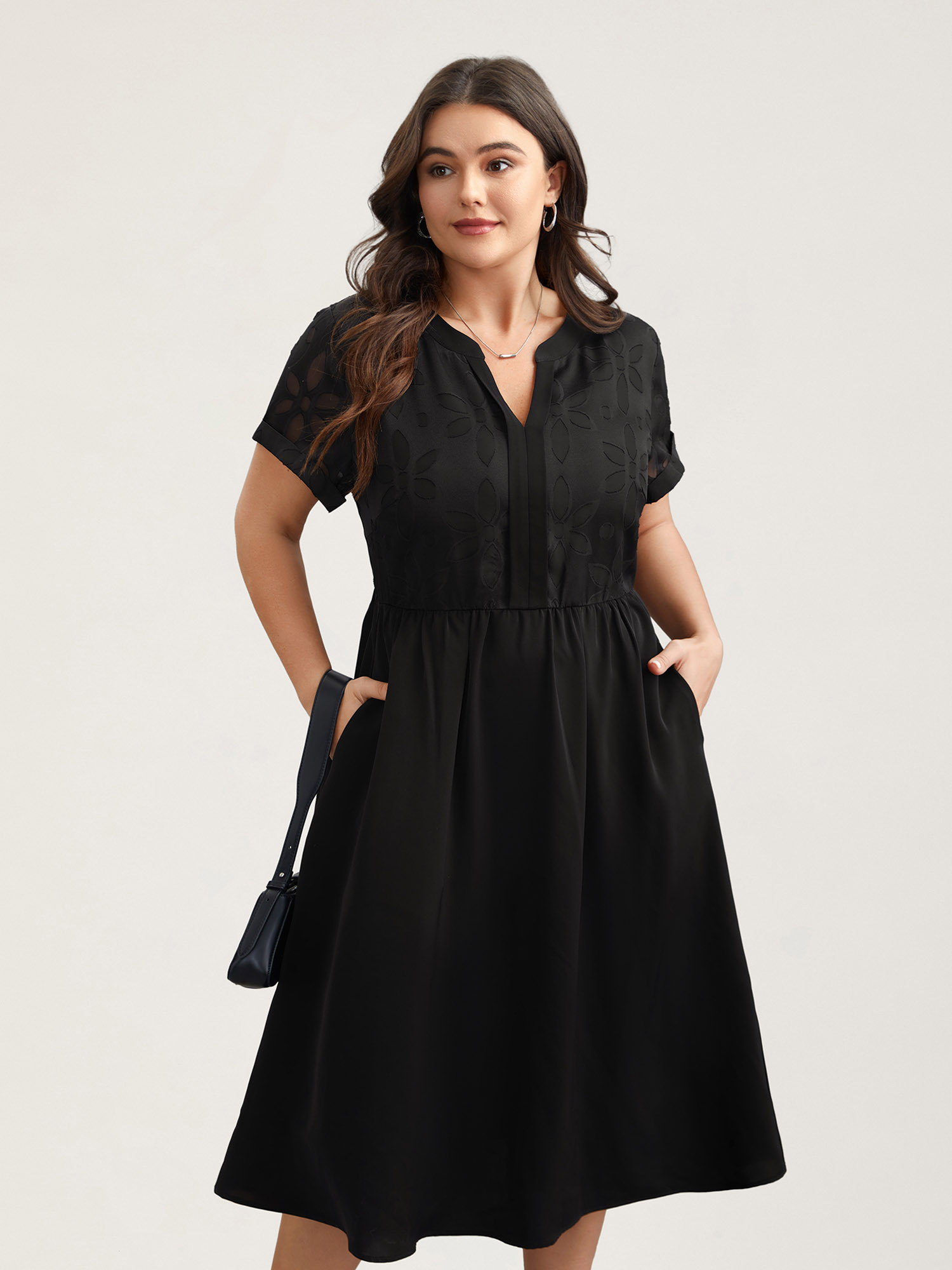 

Plus Size Sheer Back Textured Cut-Out Midi Dress Black Women At the Office Texture Notched collar Short sleeve Curvy BloomChic