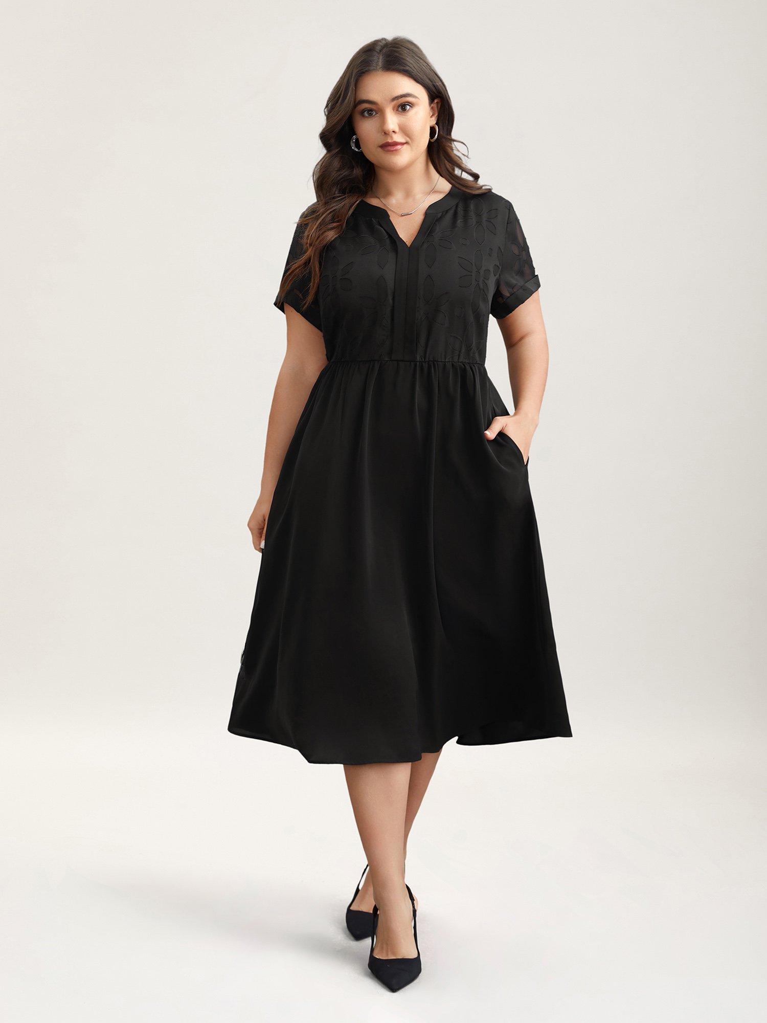 Plus Size Sheer Back Textured Cut-Out Midi Dress Black Women At the Office Texture Notched collar Short sleeve Curvy BloomChic 26/4X 