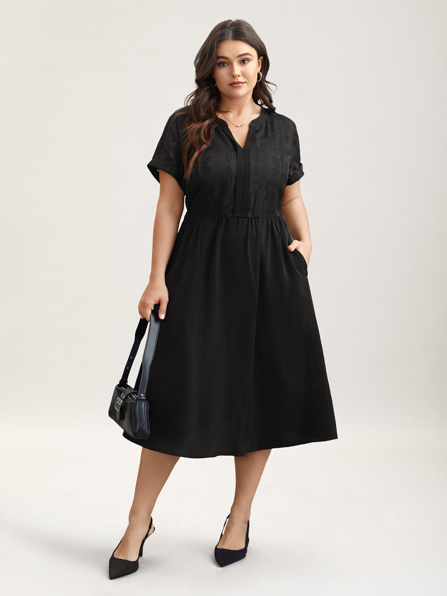 Plus Size Sheer Back Textured Cut-Out Midi Dress Black Women At the Office Texture Notched collar Short sleeve Curvy BloomChic 26/4X 