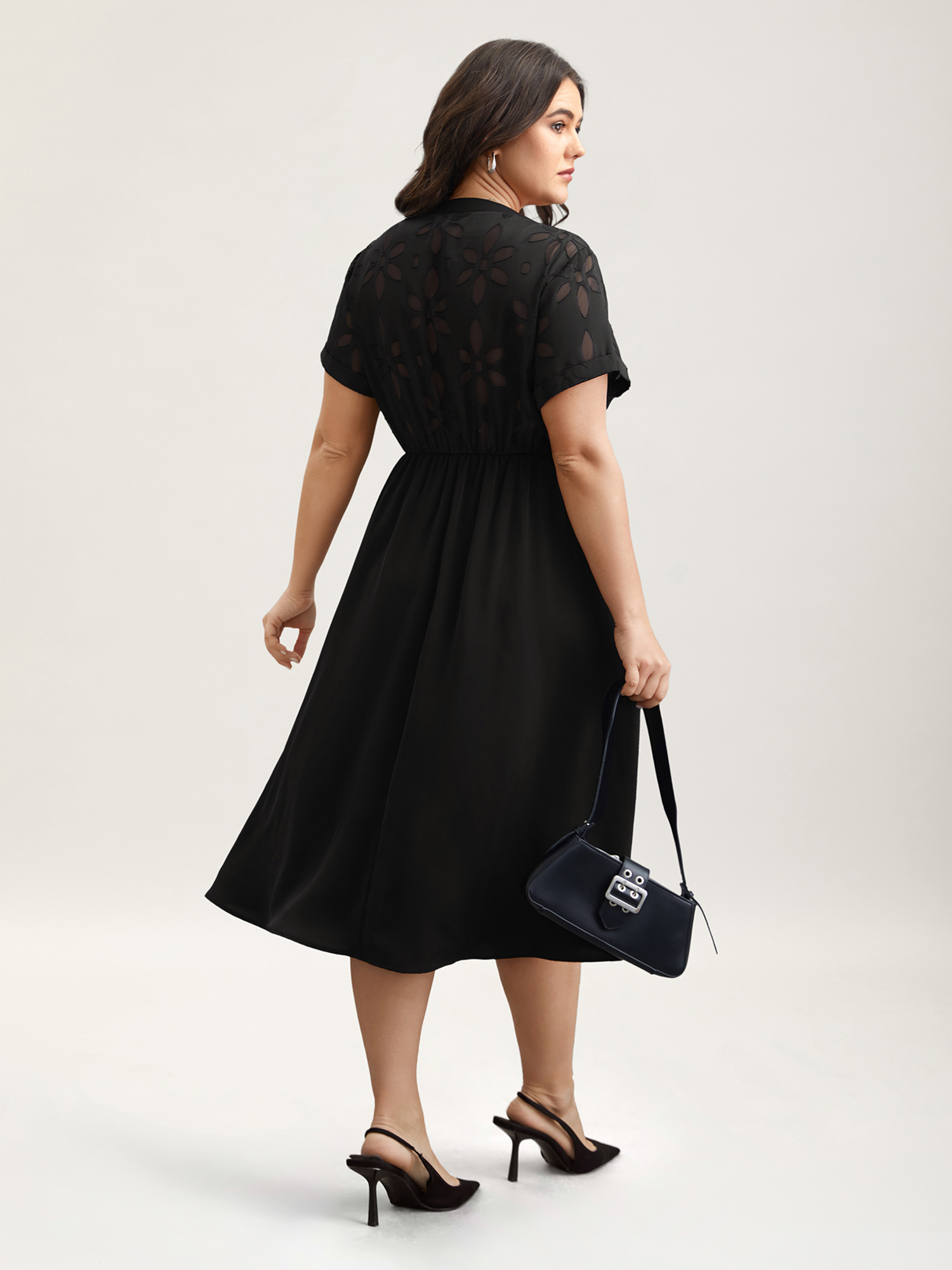 Plus Size Sheer Back Textured Cut-Out Midi Dress Black Women At the Office Texture Notched collar Short sleeve Curvy BloomChic 26/4X 