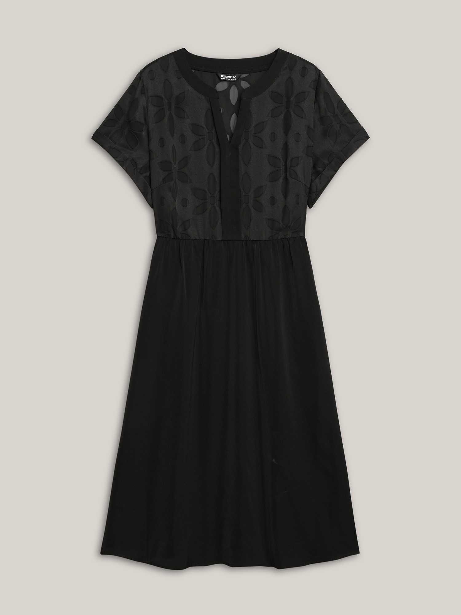 Plus Size Sheer Back Textured Cut-Out Midi Dress Black Women At the Office Texture Notched collar Short sleeve Curvy BloomChic 26/4X 