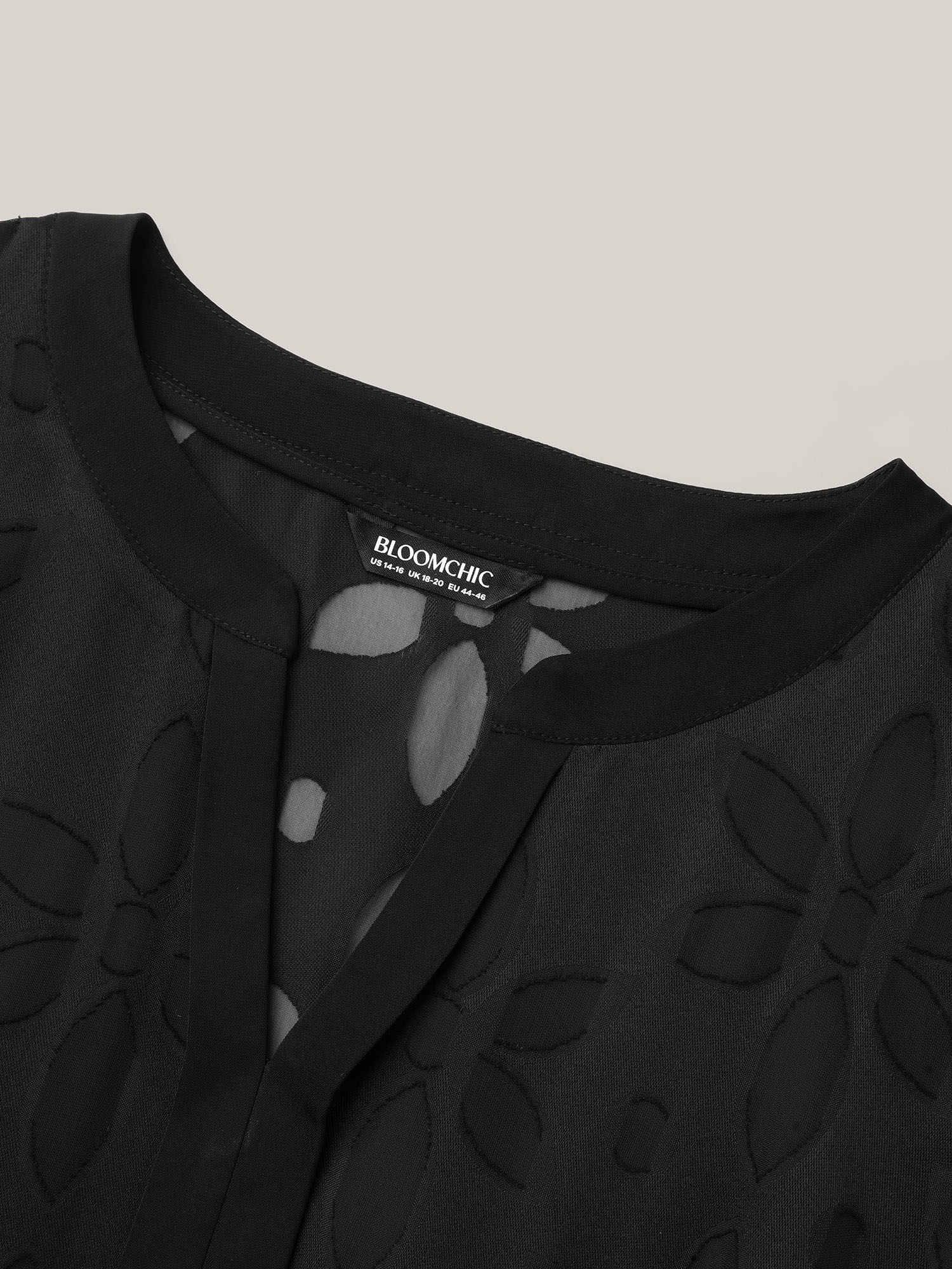Plus Size Sheer Back Textured Cut-Out Midi Dress Black Women At the Office Texture Notched collar Short sleeve Curvy BloomChic 26/4X 