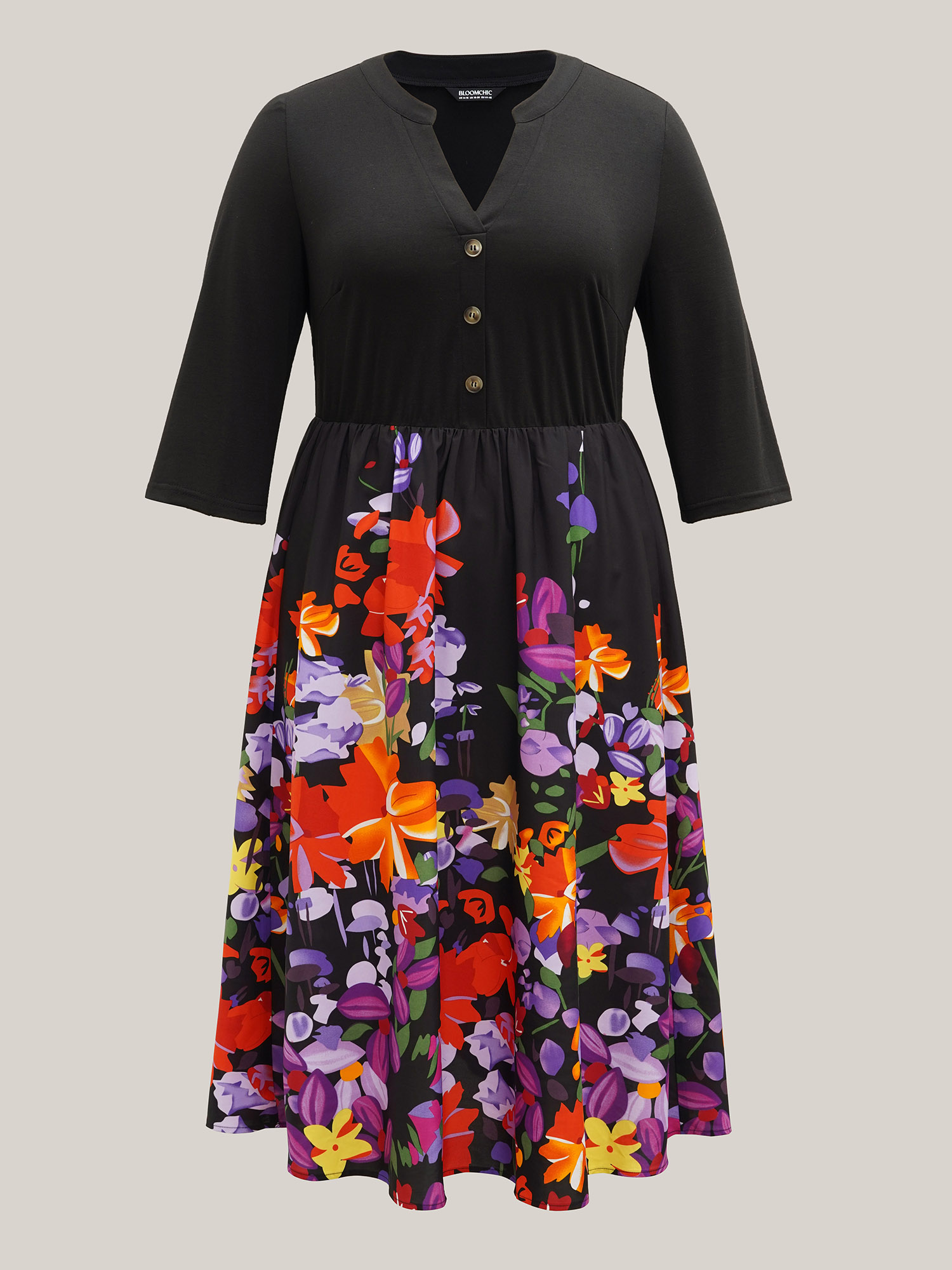 

Plus Size Brush Stroke Flowers Notched Collar Dress Black Women Casual Button V-neck Elbow-length sleeve Curvy BloomChic