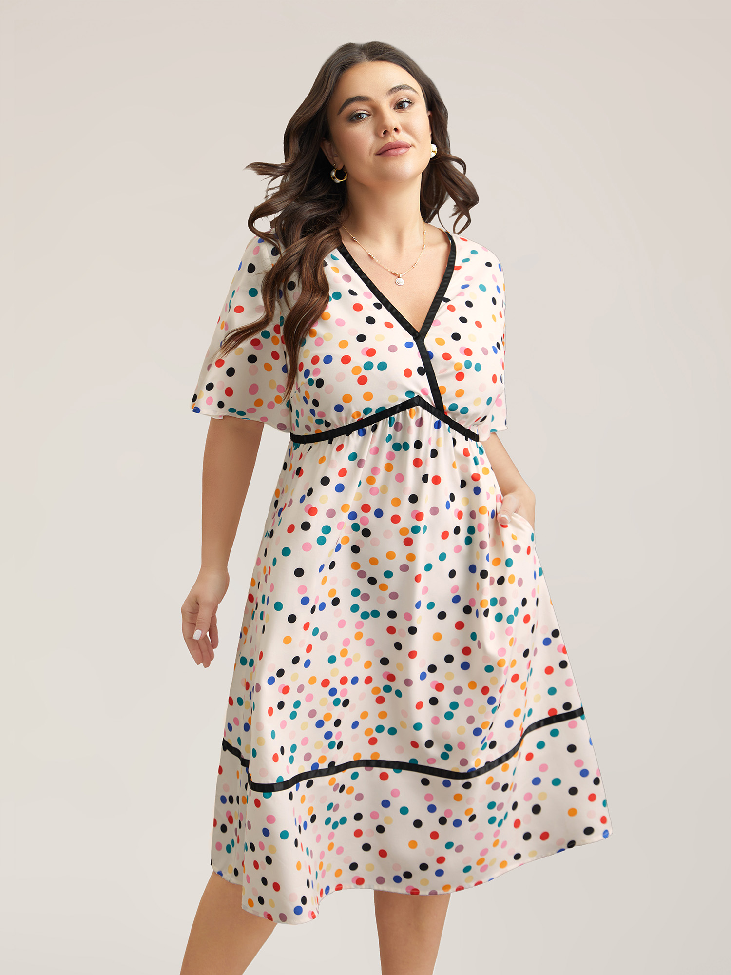 

Plus Size Multi-Color Polka Dots Lined Tiered Midi Dress Originalwhite Women Elegant Gathered Overlap Collar Half Sleeve Curvy BloomChic