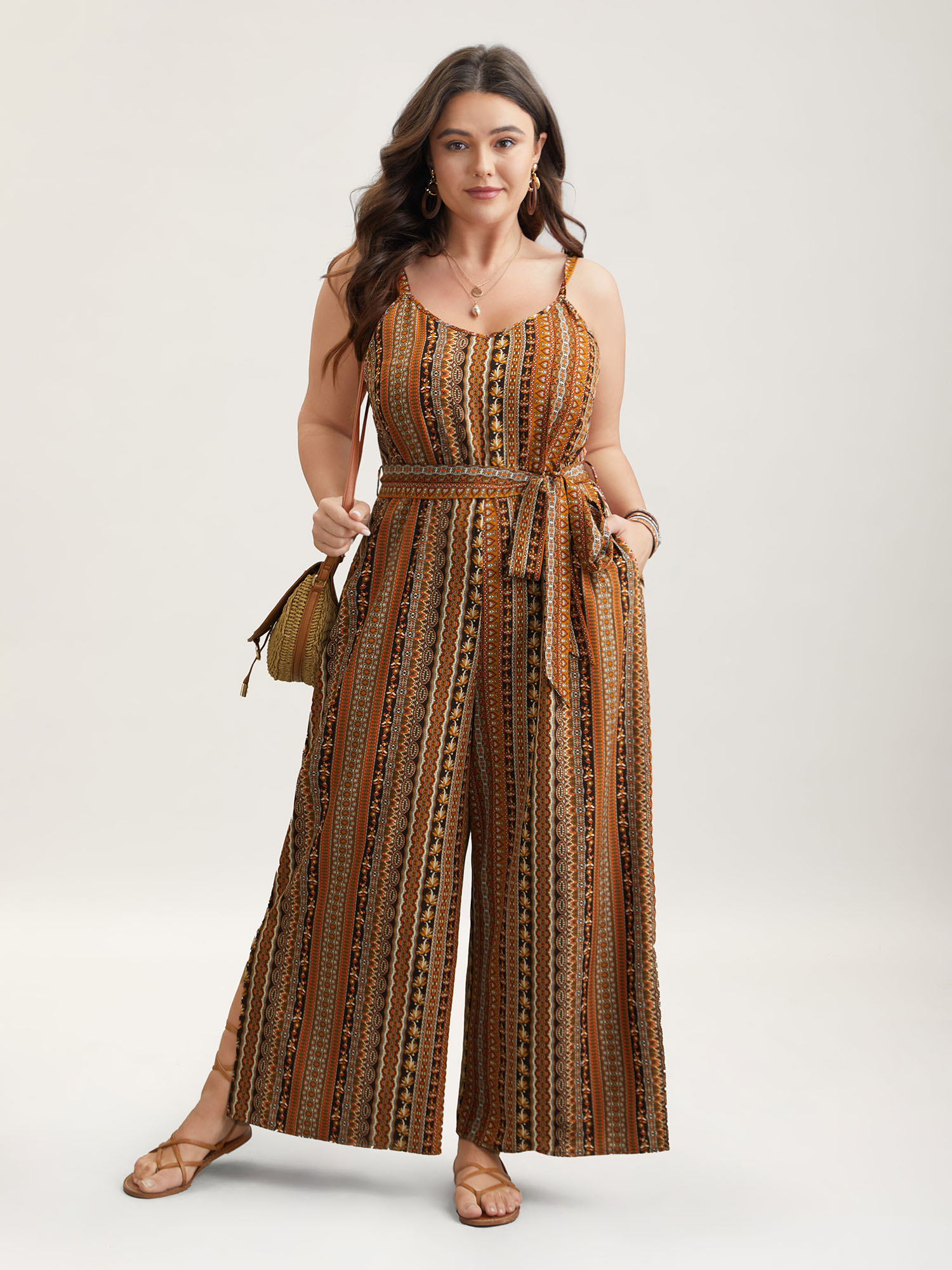 

Plus Size DarkBrown Boho Stripes Belted Straight Leg Jumpsuit Women Resort Sleeveless V-neck Vacation Loose Jumpsuits BloomChic