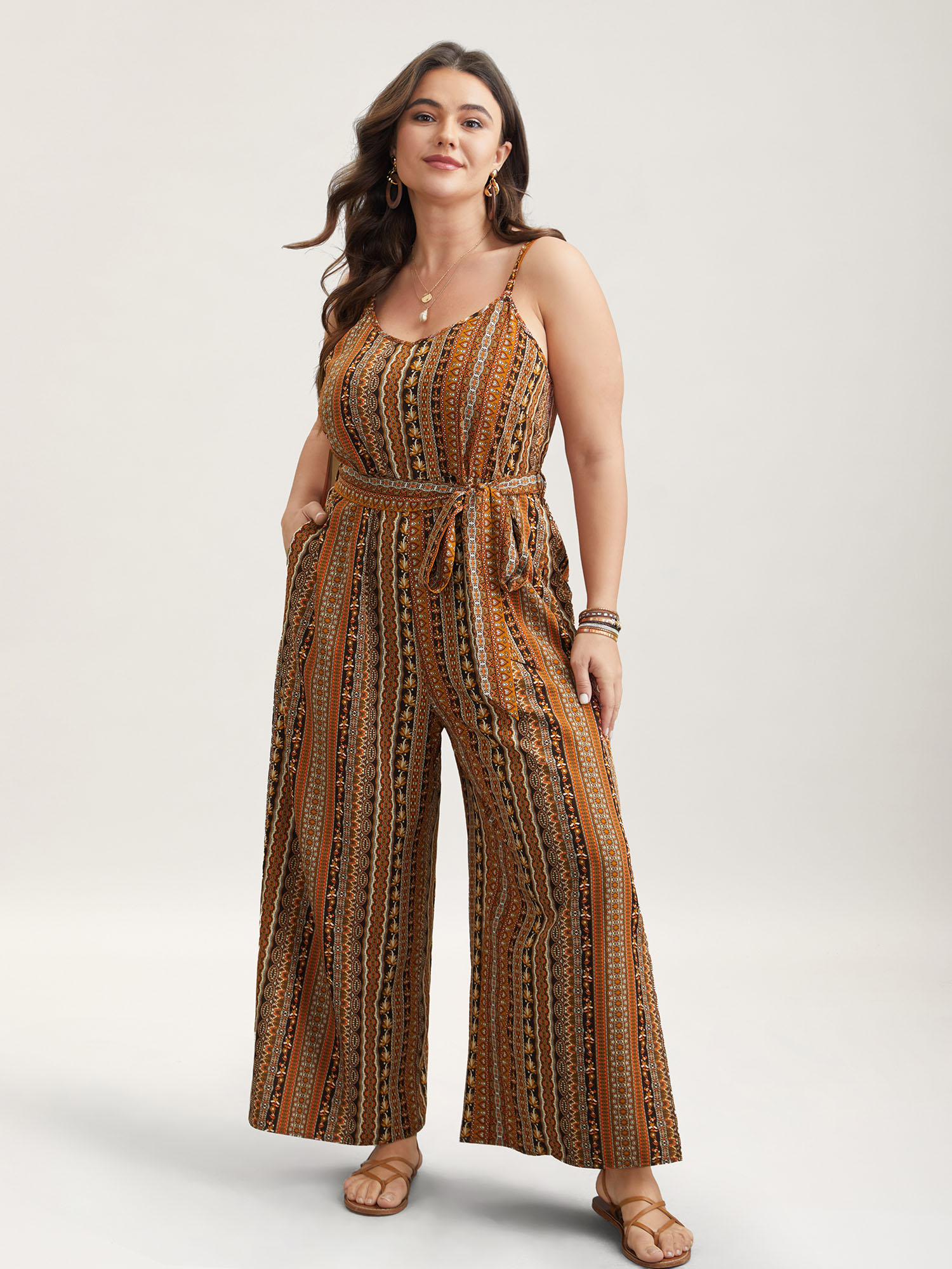 Plus Size DarkBrown Boho Stripes Belted Straight Leg Jumpsuit Women Resort Sleeveless V-neck Vacation Loose Jumpsuits BloomChic 18-20/2X 