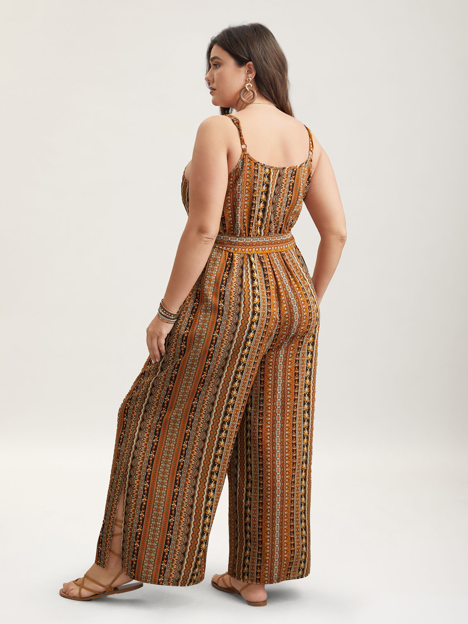 Plus Size DarkBrown Boho Stripes Belted Straight Leg Jumpsuit Women Resort Sleeveless V-neck Vacation Loose Jumpsuits BloomChic 18-20/2X 