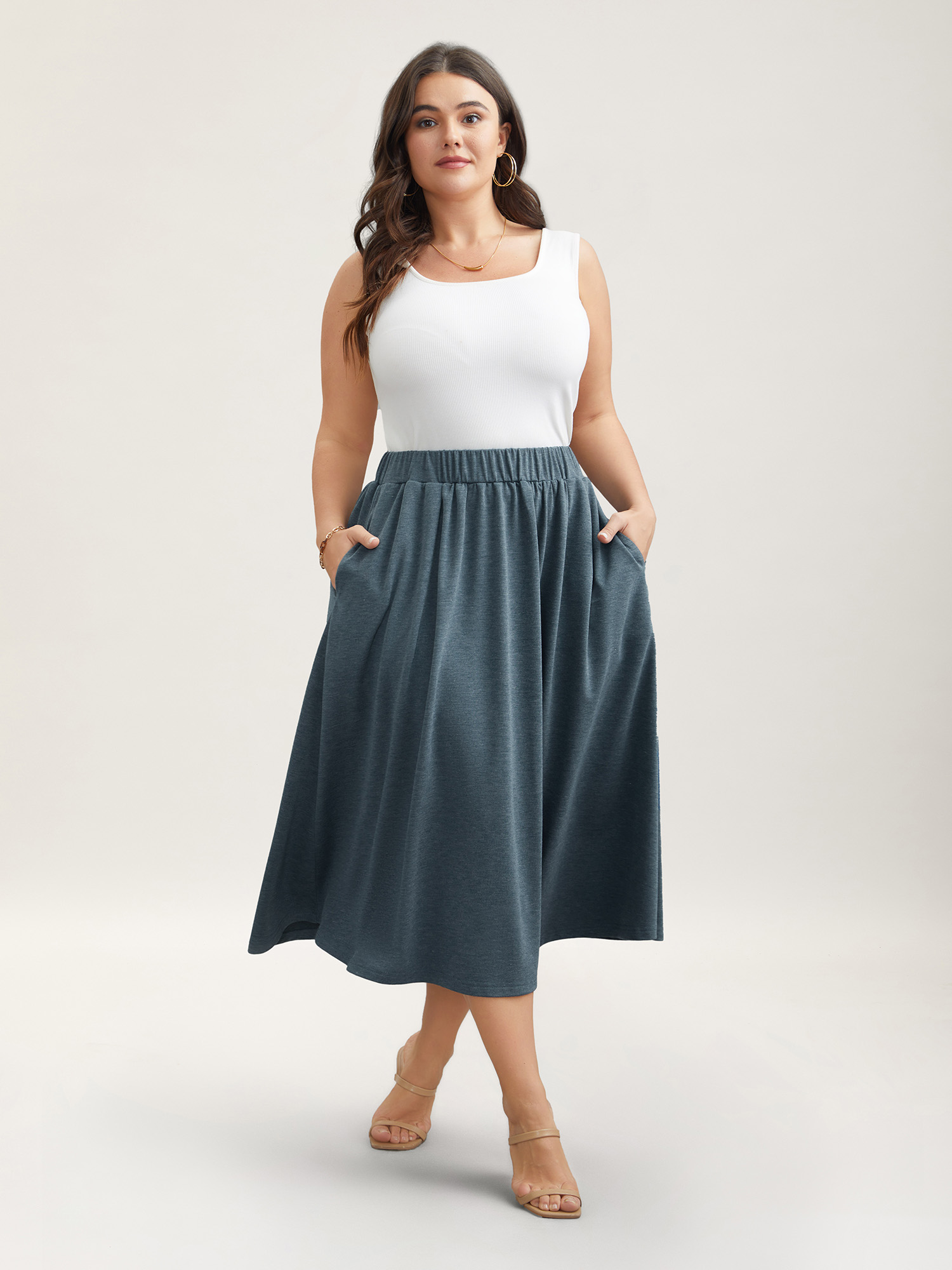 

Plus Size Heather Stretchy-Waist Pleated Midi Skirt Women DarkSlateGray Elegant Gathered Medium stretch Slanted pocket Everyday Skirts BloomChic