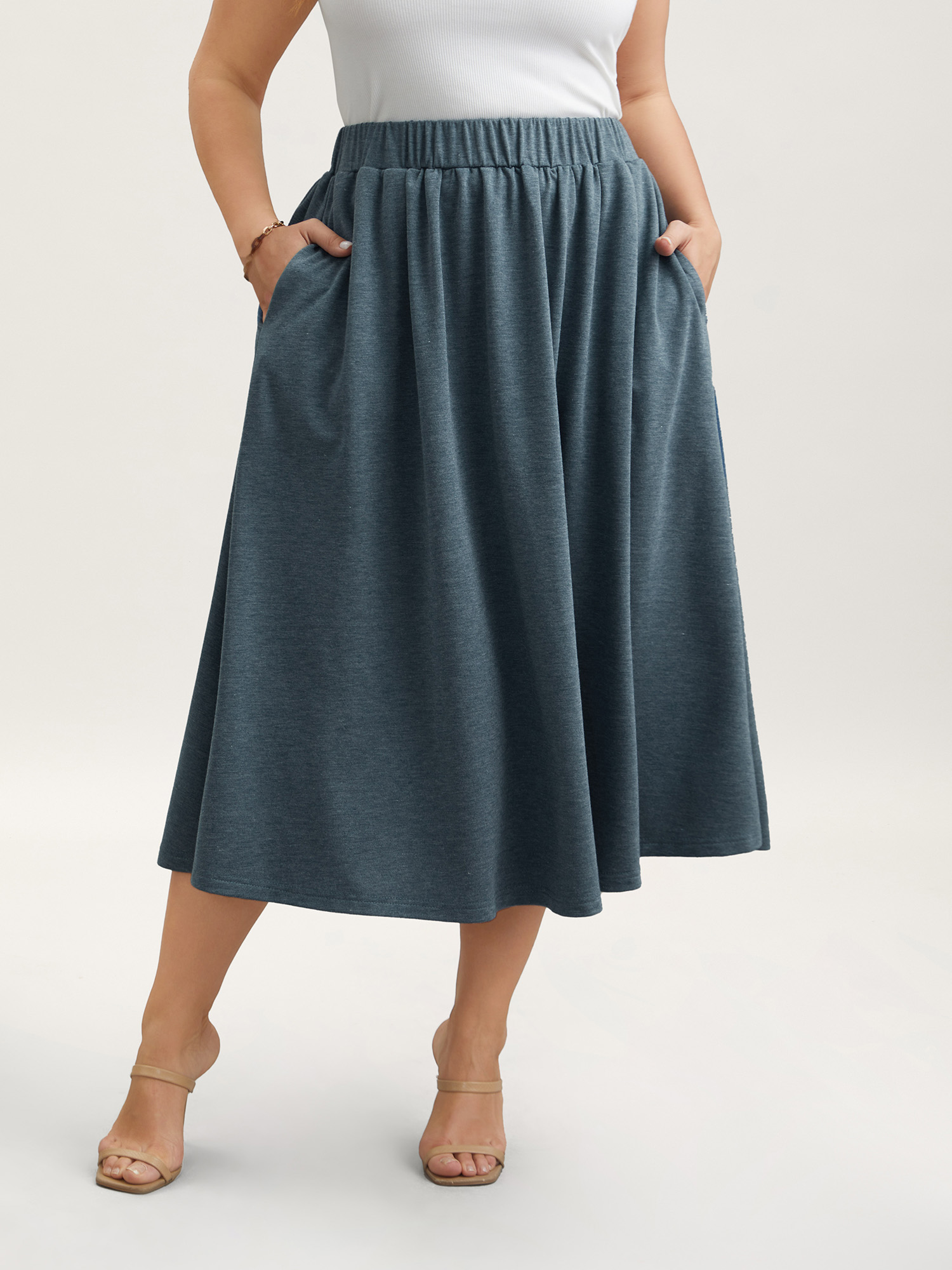 Plus Size Heather Stretchy-Waist Pleated Midi Skirt Women DarkSlateGray Elegant Gathered Medium stretch Slanted pocket Everyday Skirts BloomChic 10/M 