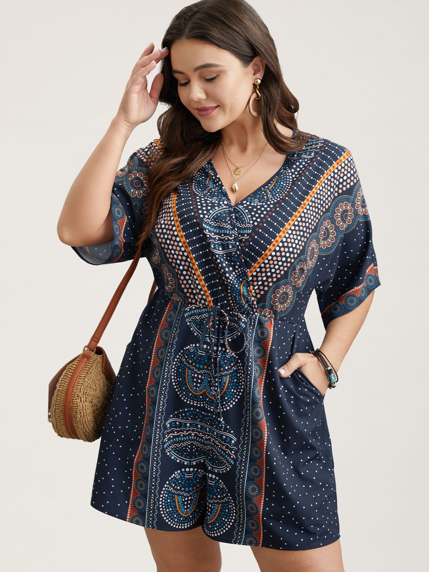 

Plus Size Mixed Ornate Print Pockets Romper DarkBlue Side seam pocket Resort Vacation  Rompers Bloomchic