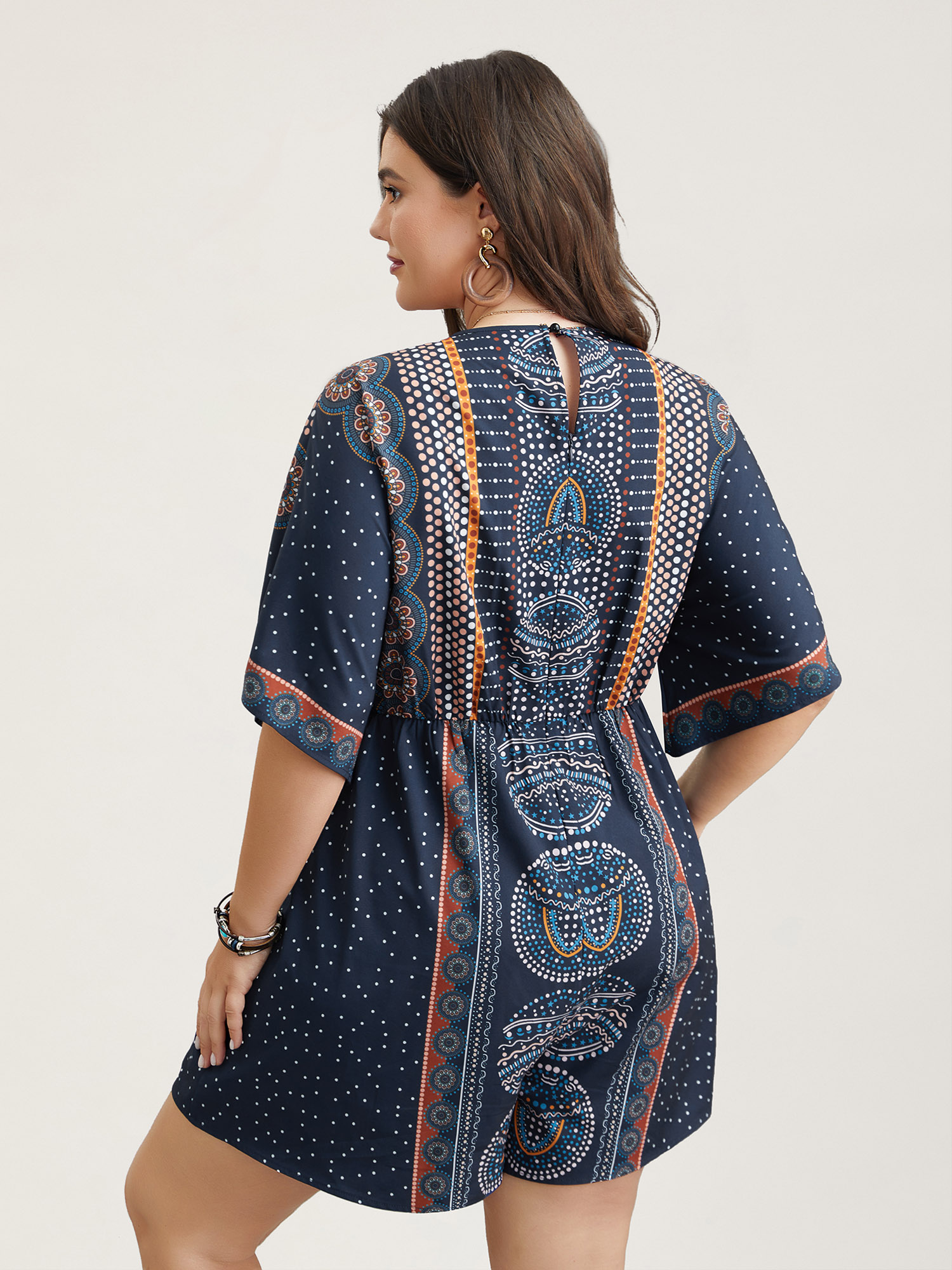 

Plus Size Mixed Ornate Print Pockets Romper DarkBlue Side seam pocket Resort Vacation  Rompers Bloomchic