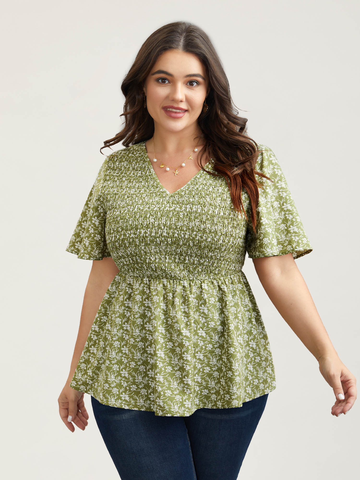 

Plus Size Sage Floral Print Shirred Front Peplum Shirt Women Elegant Short sleeve V-neck Everyday Blouses BloomChic