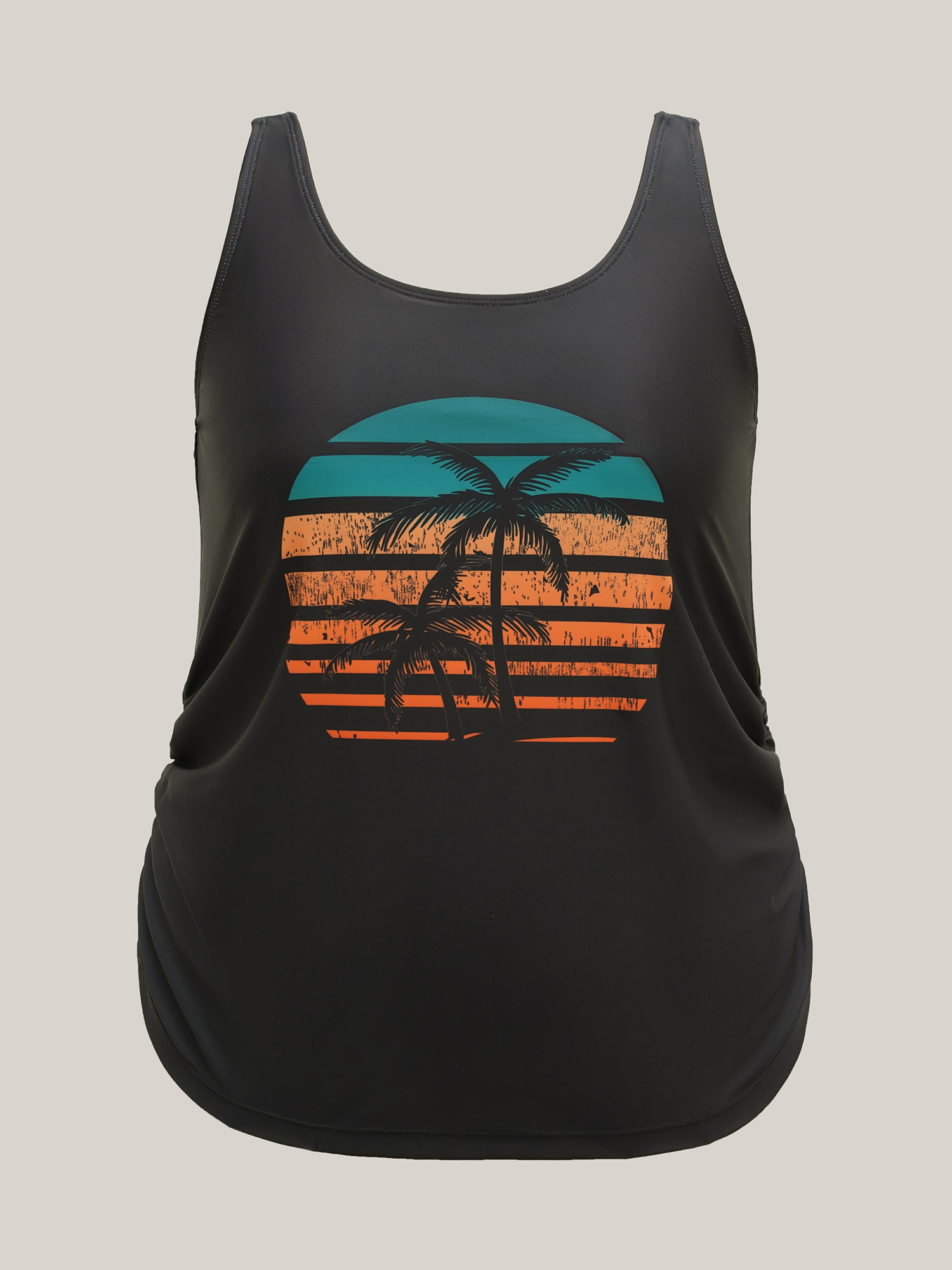 Plus Size Island Print Ruched Swim Top Women`s Swimwear Black Beach Gathered High stretch Bodycon U-neck Curve Swim Tops BloomChic 28/5X 