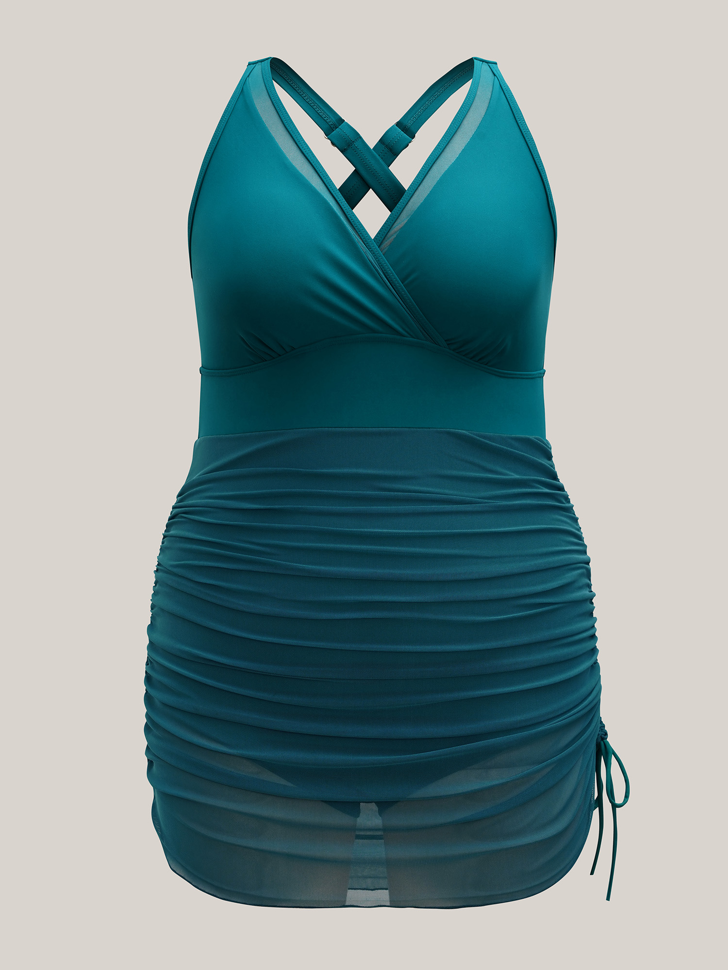 

Plus Size Channel Drawstring Gathered Surplice Neck Swim Dress Women's Swimwear Teal Beach Bodycon Overlap Collar High stretch Curve Swim Dresses BloomChic