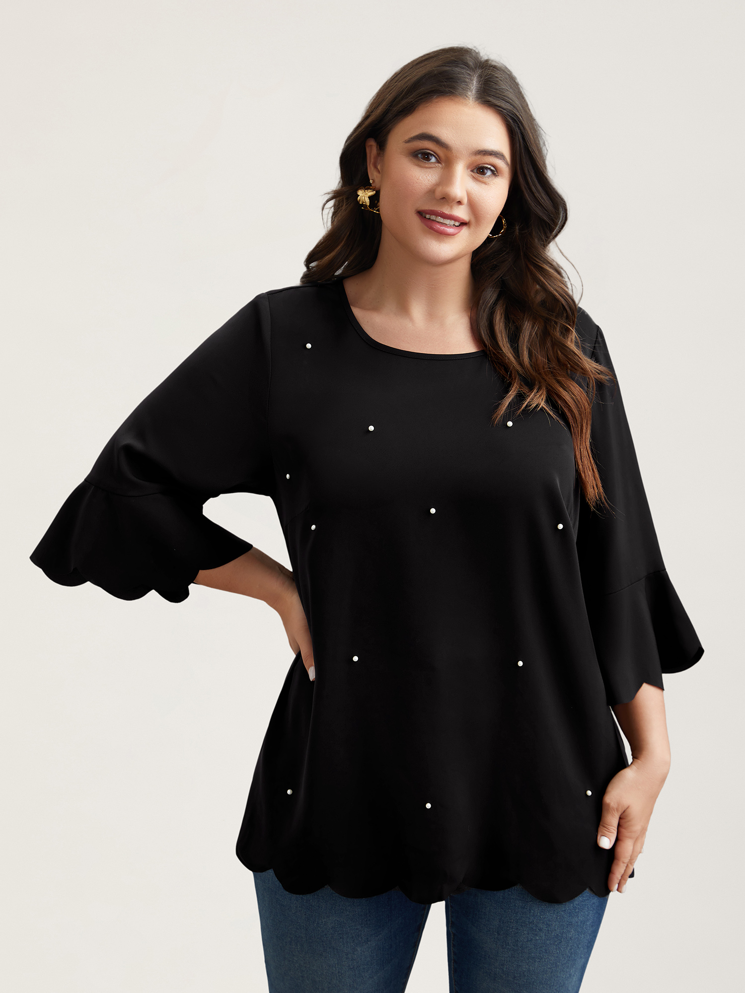 

Plus Size Black Beads Embellished Scalloped Hem Shirt Women Elegant Elbow-length sleeve Round Neck Everyday Blouses BloomChic